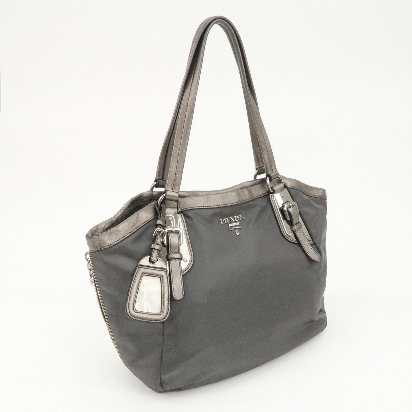 PRADA Logo Nylon Leather Tote Bag Shoulder Bag Gray BR4007