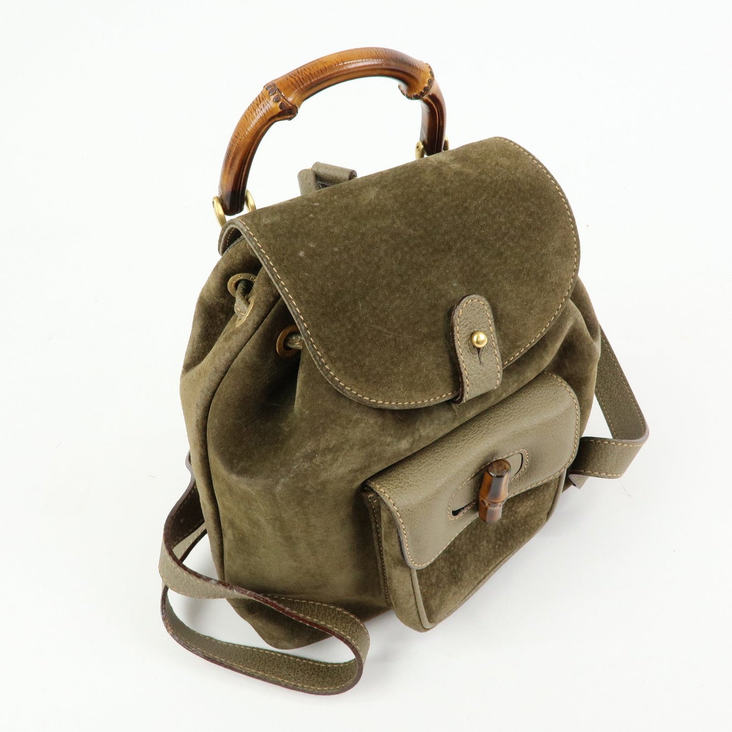 GUCCI Bamboo Suede Leather Backpack Rucksack Khaki 003?2058