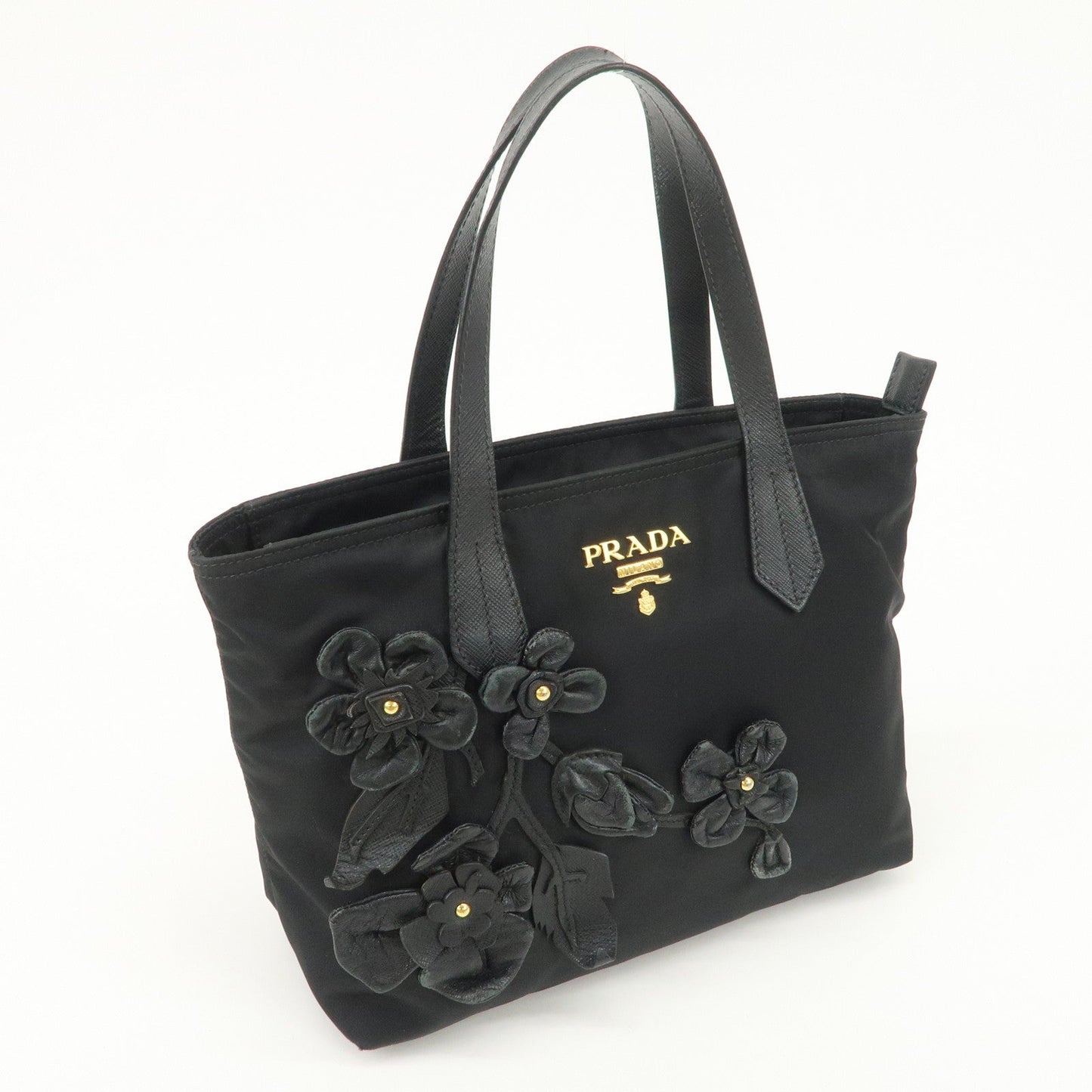PRADA Nylon Leather Hand Bag Black Gold Hardware 1BA084