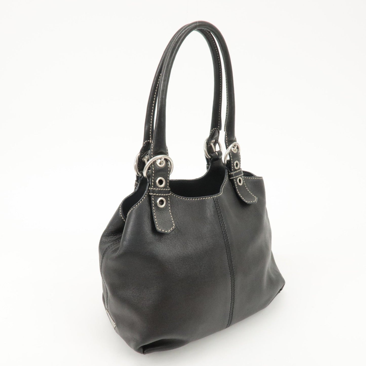 PRADA Triangle Logo Leather Tote Bag Hand Bag Black