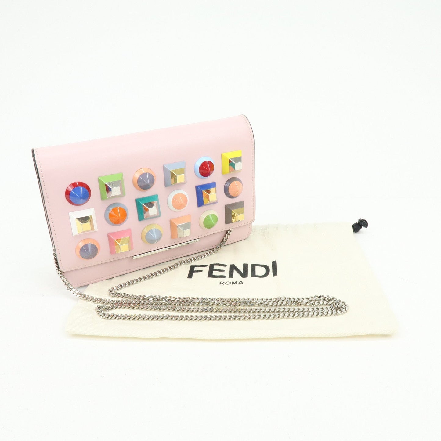 FENDI Leather Studs Chain Wallet Shoulder Bag Pink 8M0346