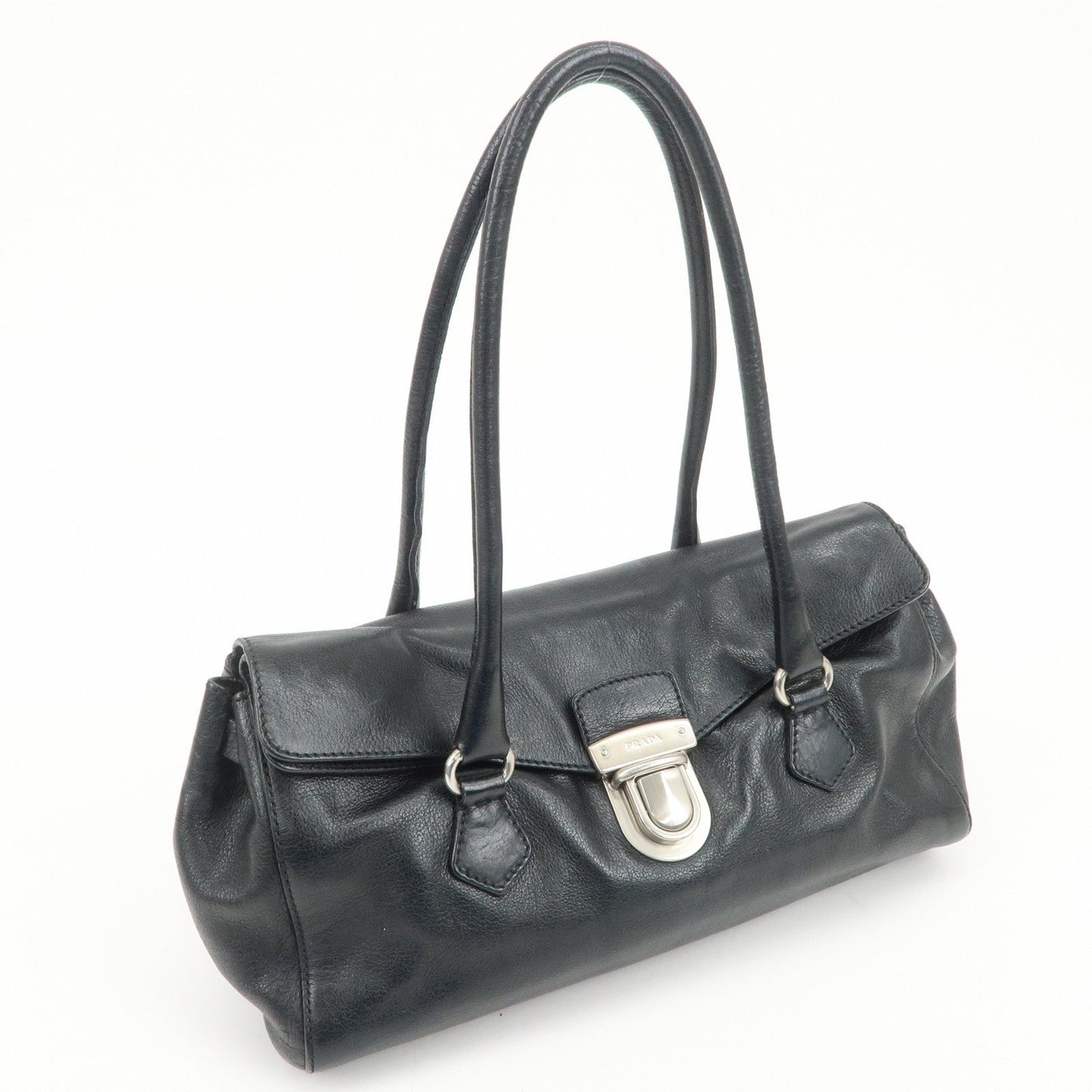 PRADA Triangle Logo Leather Shoulder Bag Hand Bag Black