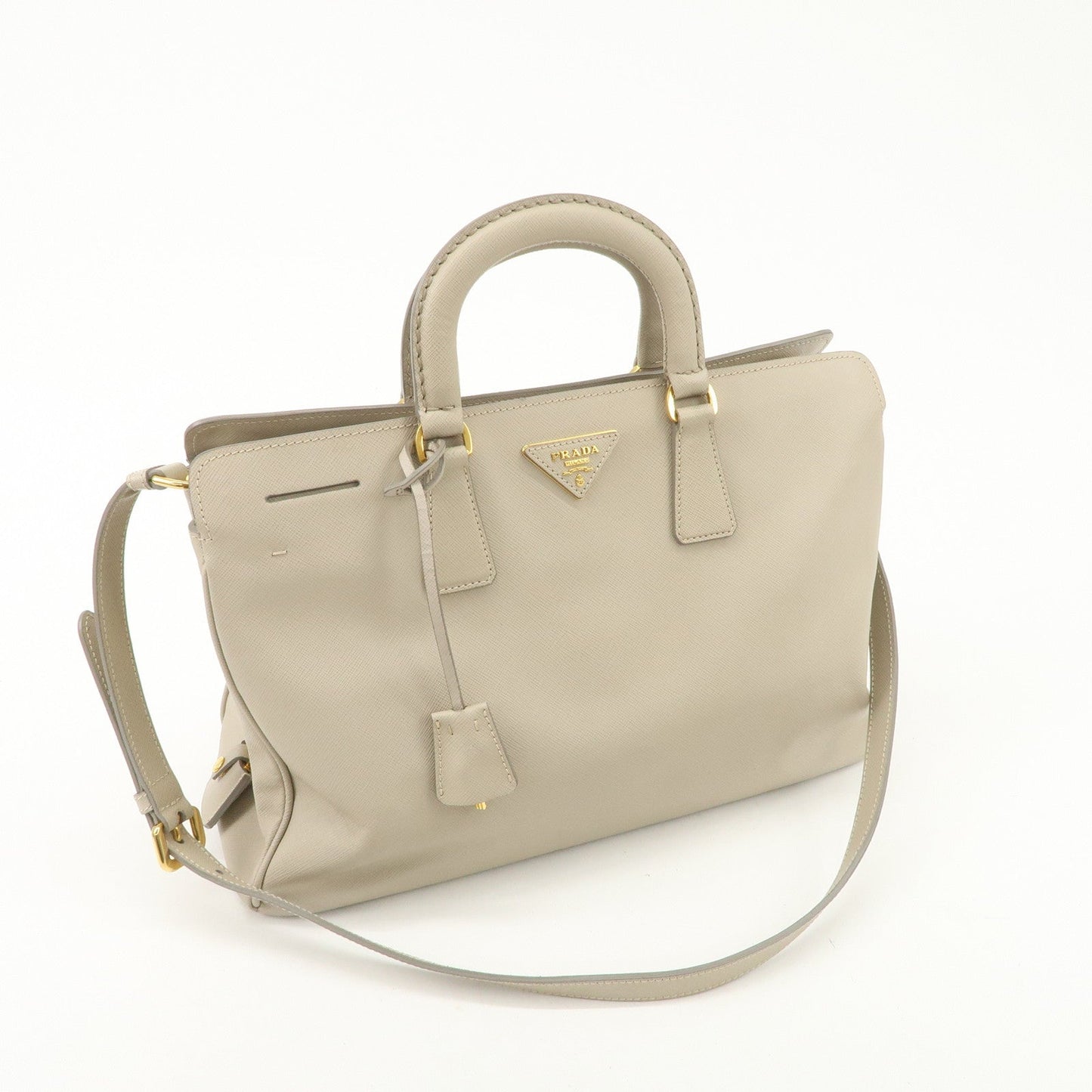 PRADA Triangle Logo Leather 2Way Bag Hand Bag Beige Gold Hardware