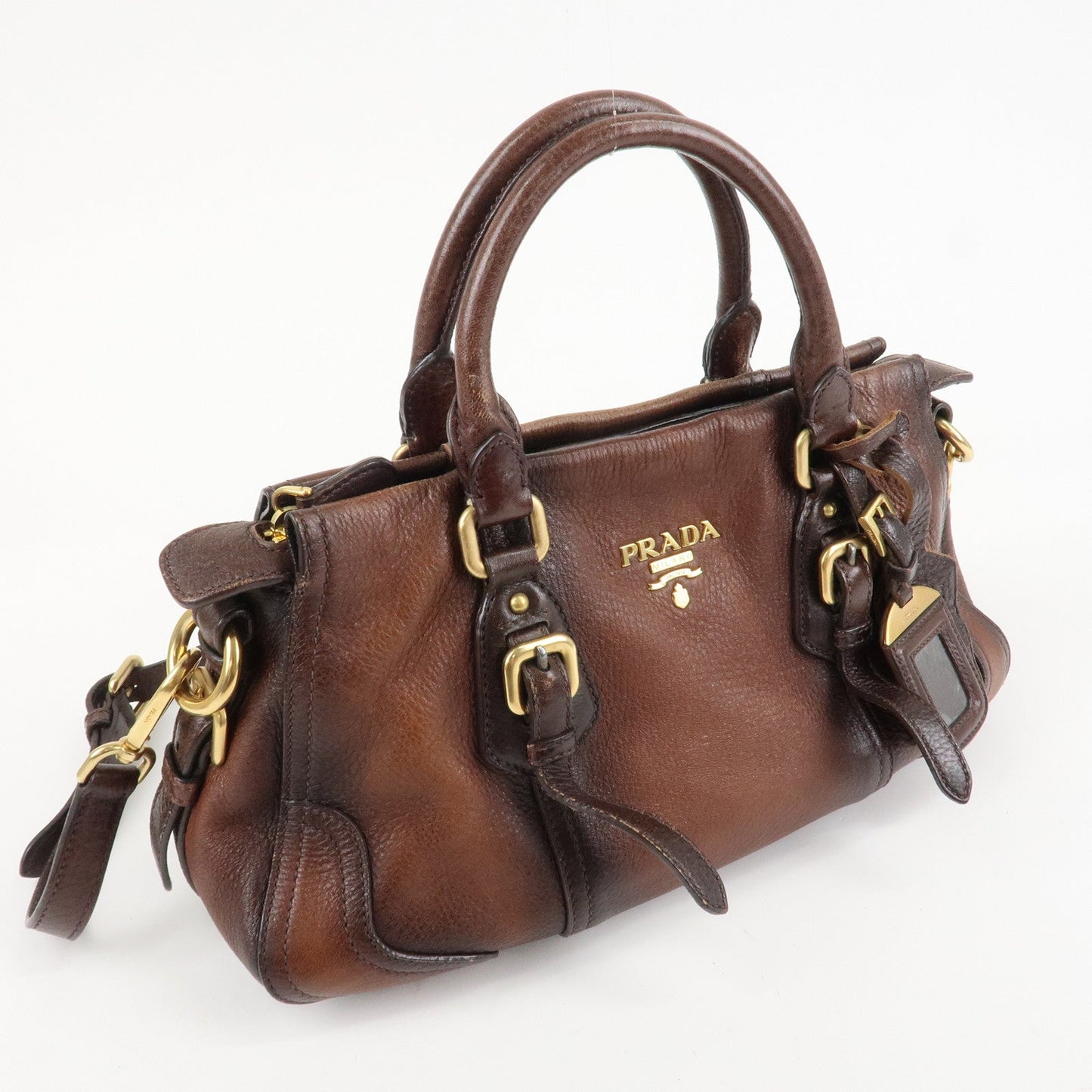 PRADA Logo Leather 2WAY Tote Bag Hand Bag Brown Gold Hardware