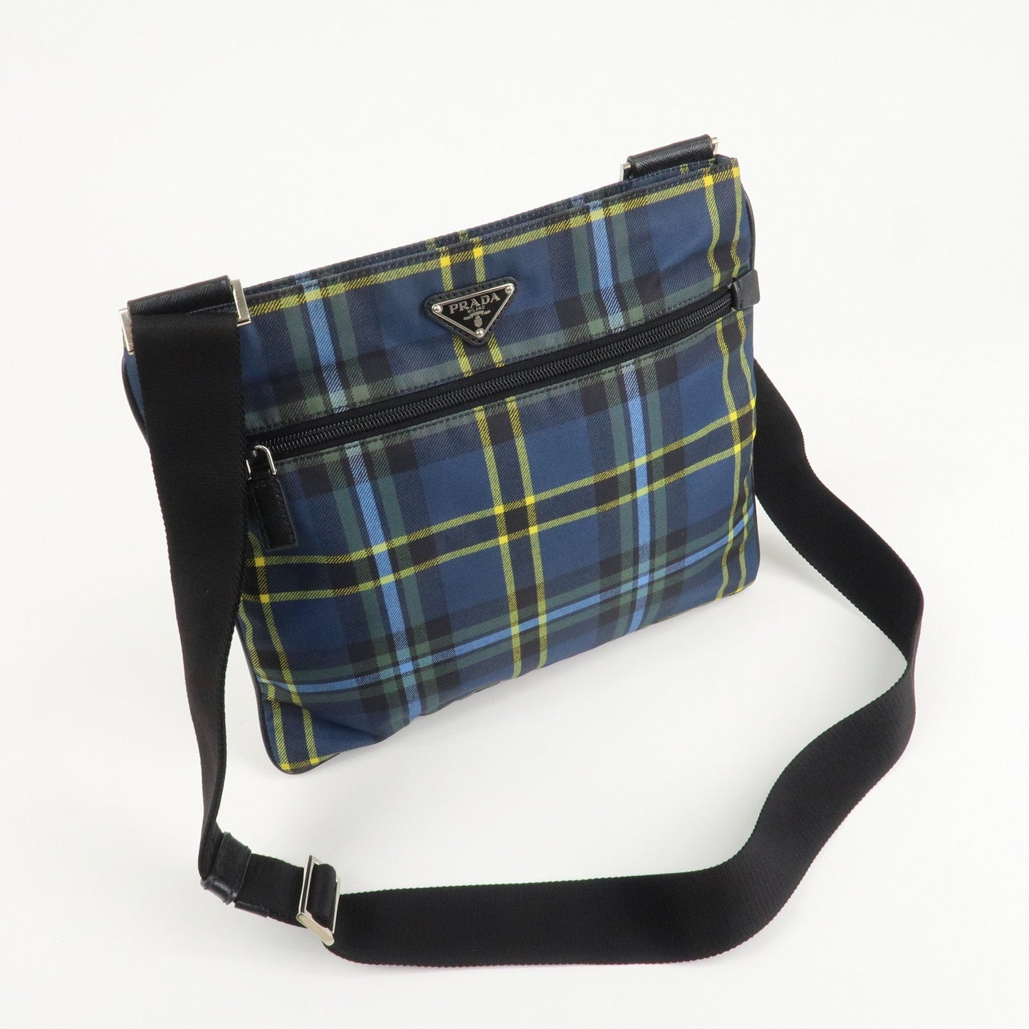 PRADA Triangle Logo Nylon Plaid Shoulder Bag Navy Multicolor VA053M