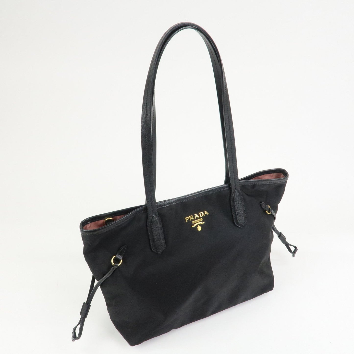 PRADA Logo Nylon Saffiano Leather Tote Bag Shoulder Bag Black