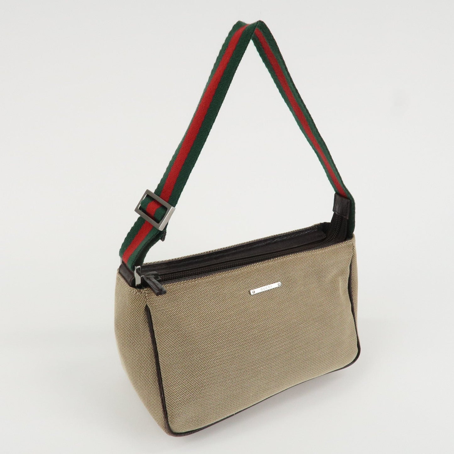 GUCCI Sherry Canvas Leather Pouch Hand Bag Beige Brown 106644