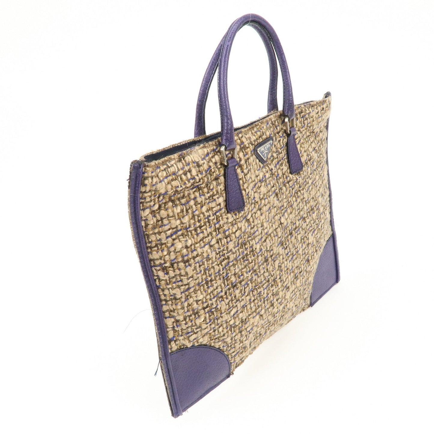 PRADA Triangle Logo Tweed Leather Tote Bag Purple Beige B11261