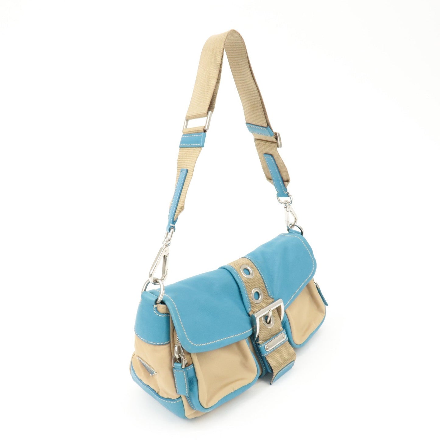 PRADA Nylon Leather Shoulder Bag Crossbody Bag Blue Beige BR2417
