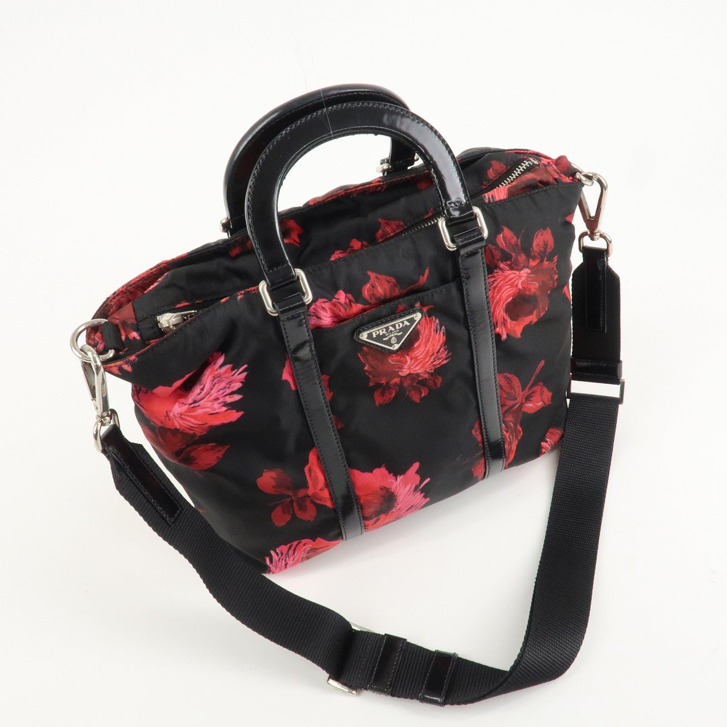 PRADA Triangle Logo Nylon Patent Leather 2Way Bag Flower BN1066