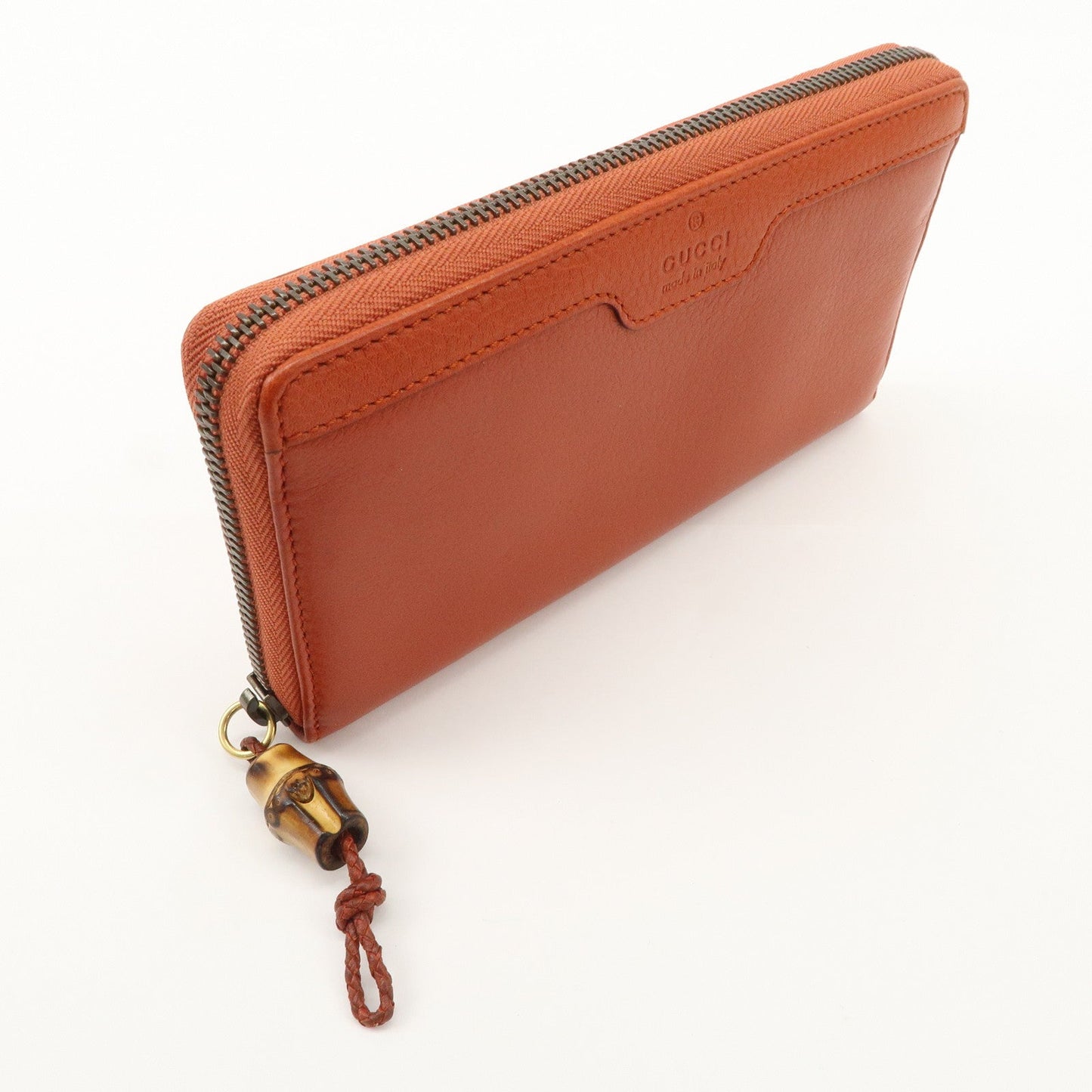 GUCCI Bamboo Leather Long Round Zippy Wallet Orange 339178