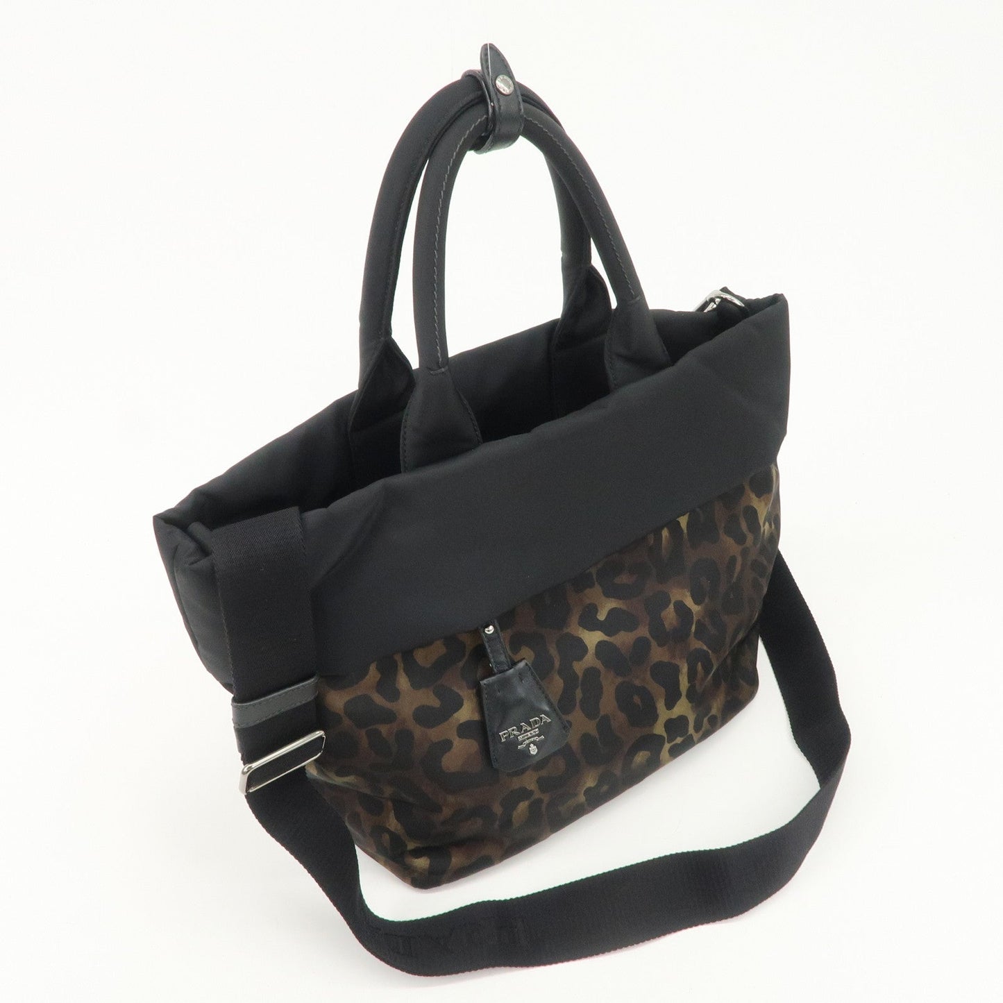 PRADA Logo Nylon 2Way Hand Tote Shoulder Bag Leopard Black B1959V