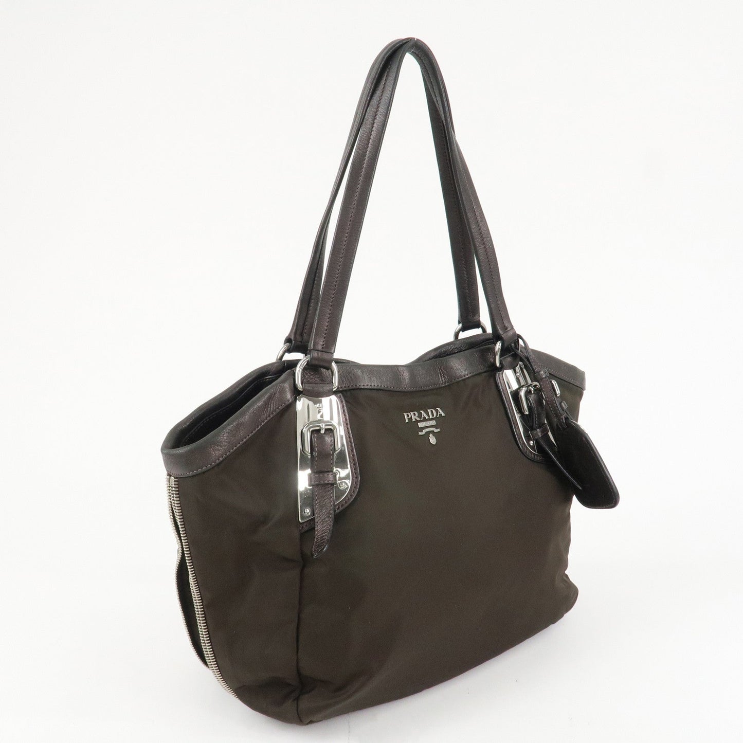 PRADA Logo Nylon Leather Tote Bag Shoulder Bag Khaki Metallic Brown