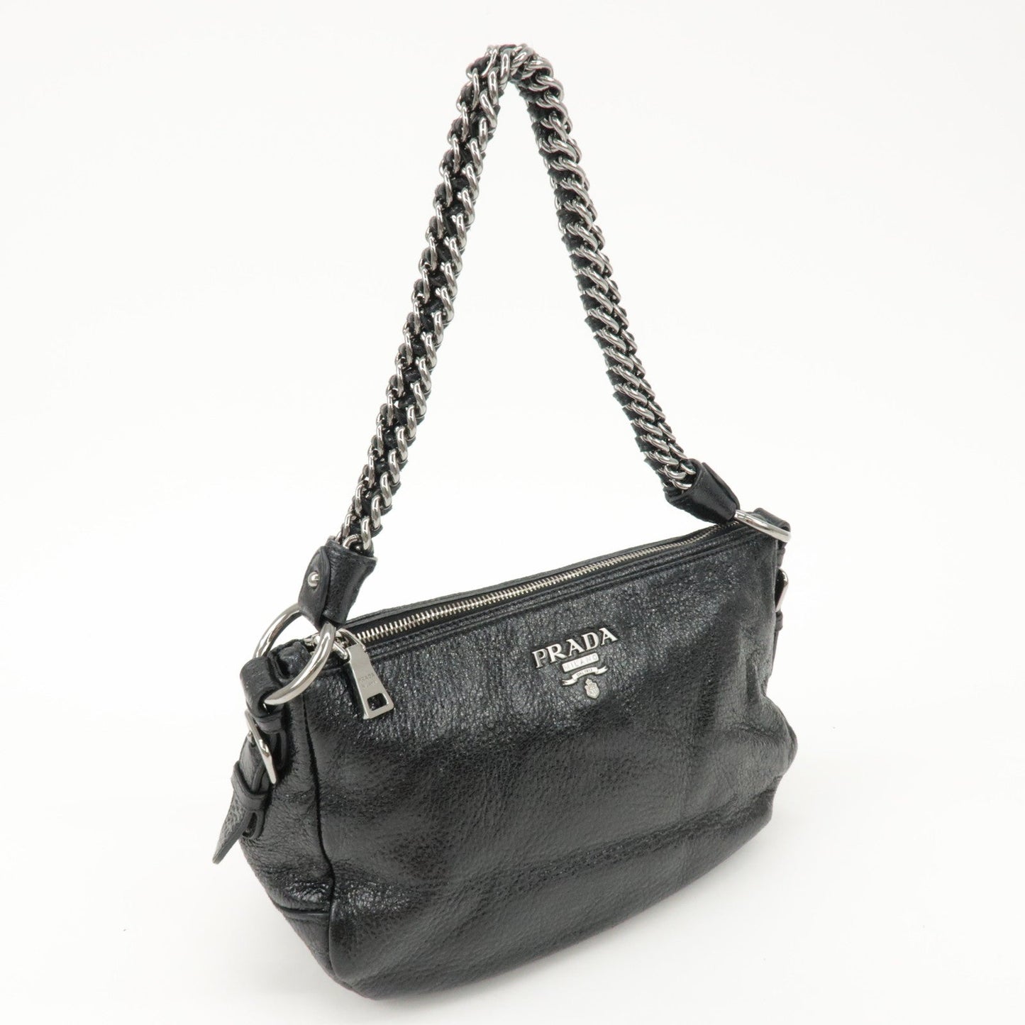 PRADA Logo Leather Chain Shoulder Bag Hand Bag Black BR4370