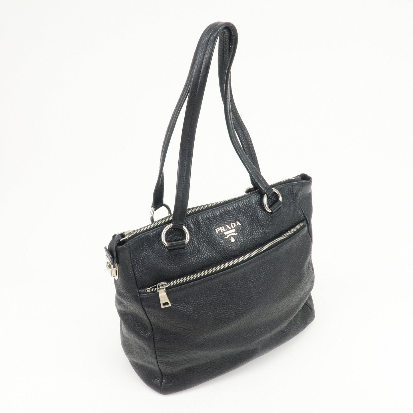 PRADA Logo Leather Shoulder Bag Hand Bag Tote Bag Black
