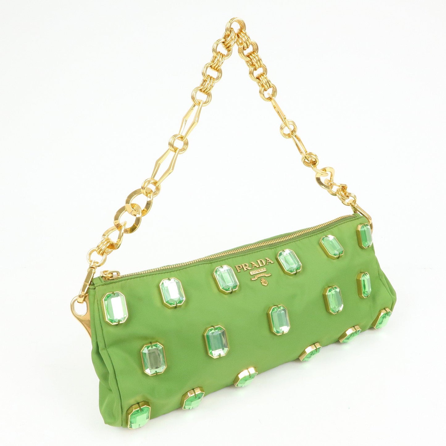 PRADA Bijou Nylon Stone Chain Shoulder Bag Clutch Bag Green