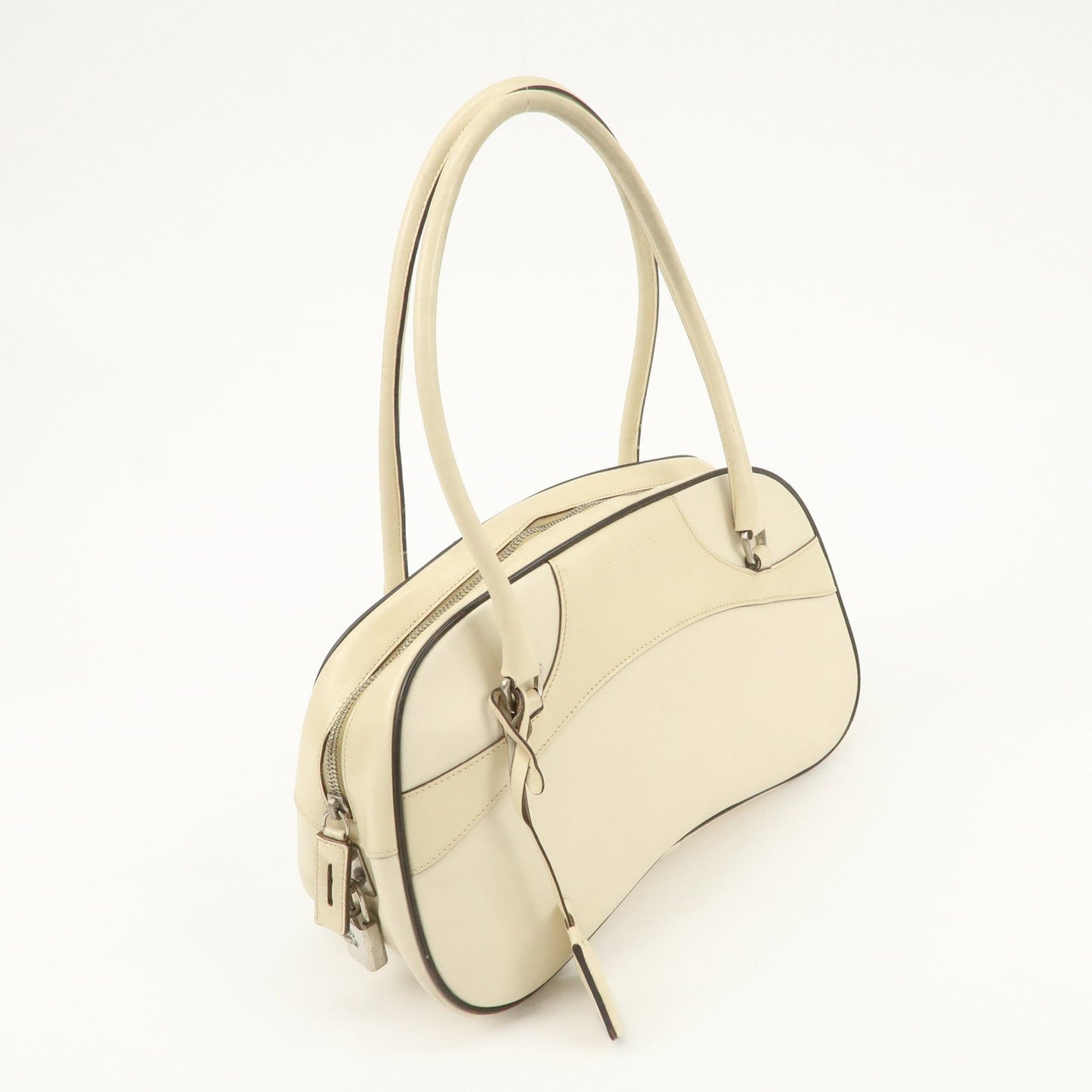 PRADA Leather Bowling Bag Boston Bag Shoulder Bag Ivory BL0049