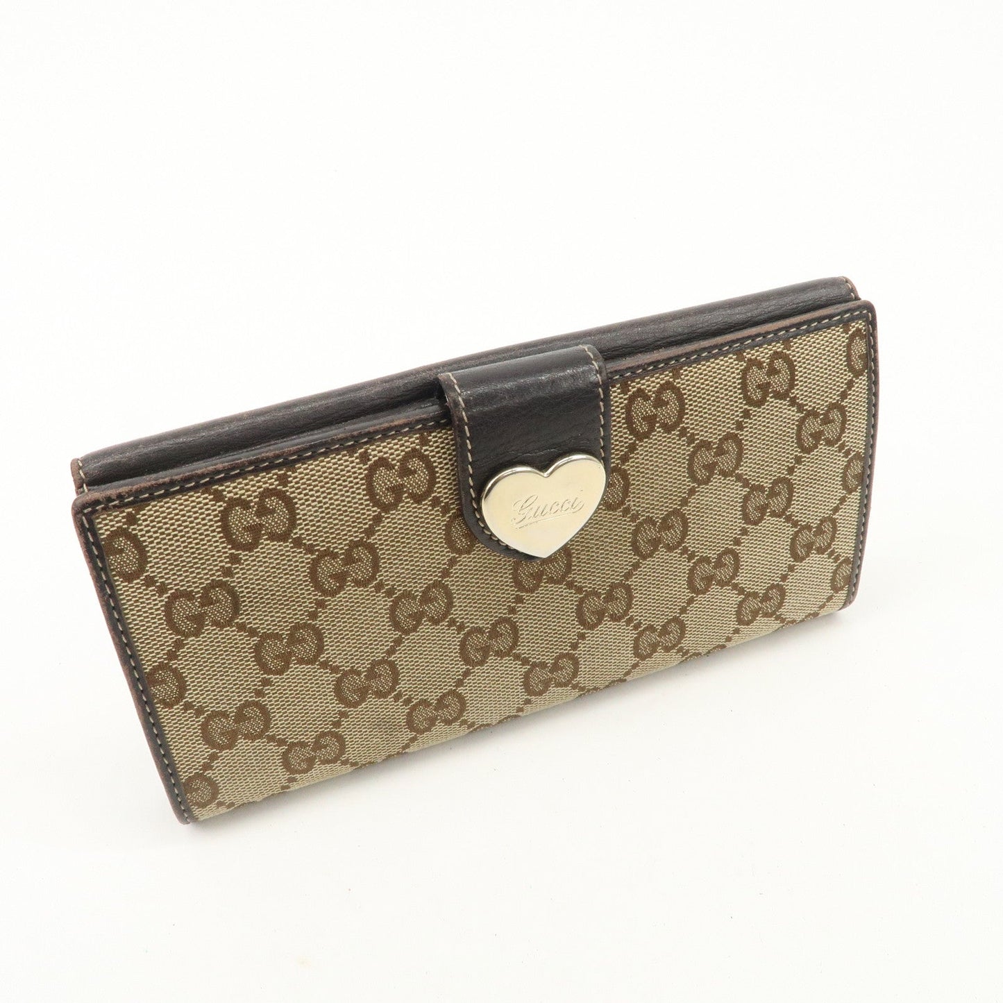 GUCCI Lovely Heart GG Canvas Leather Bi-fold Long Wallet Brown 203550