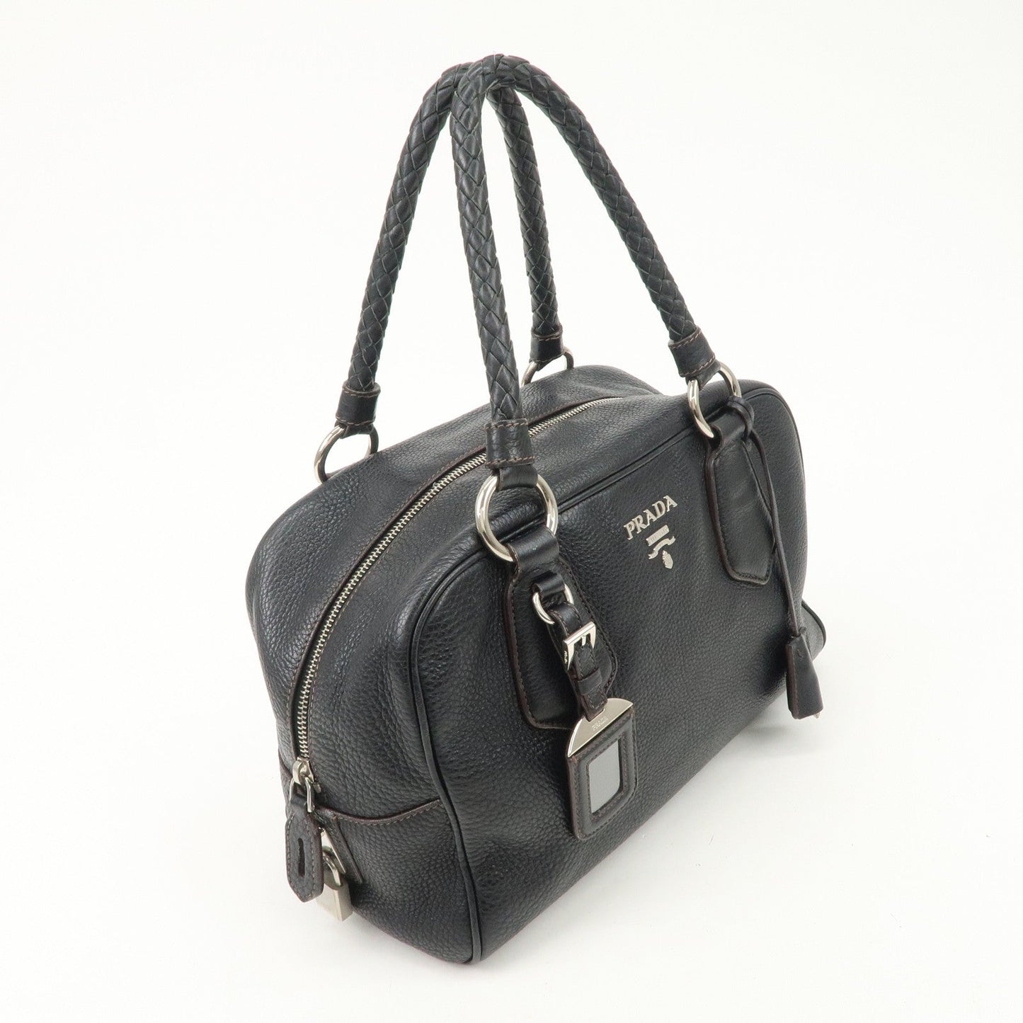 PRADA Logo Leather Hand Bag Mini Boston Bag Black BL0471