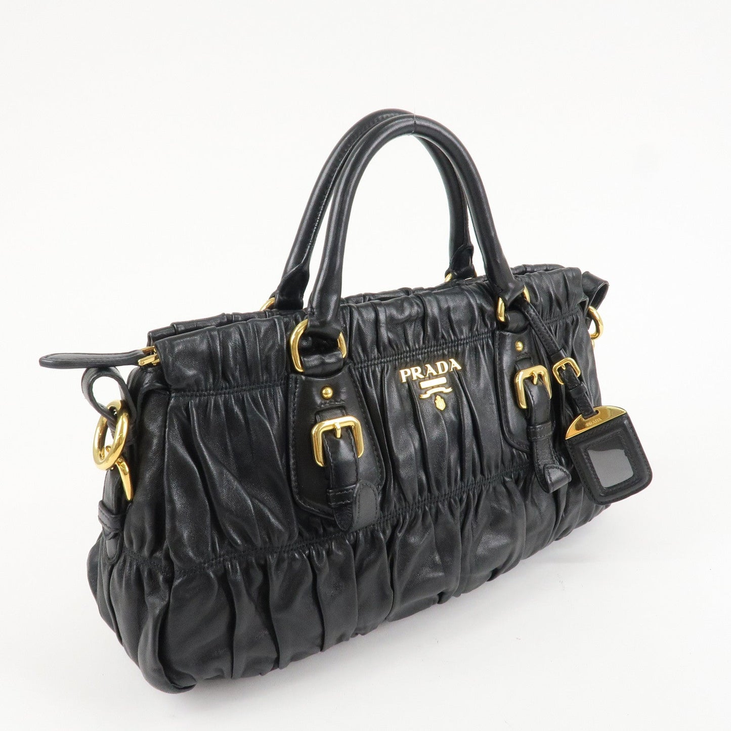 PRADA Logo Leather 2WAY Tote Bag Hand Bag Black Gold HDW B11091