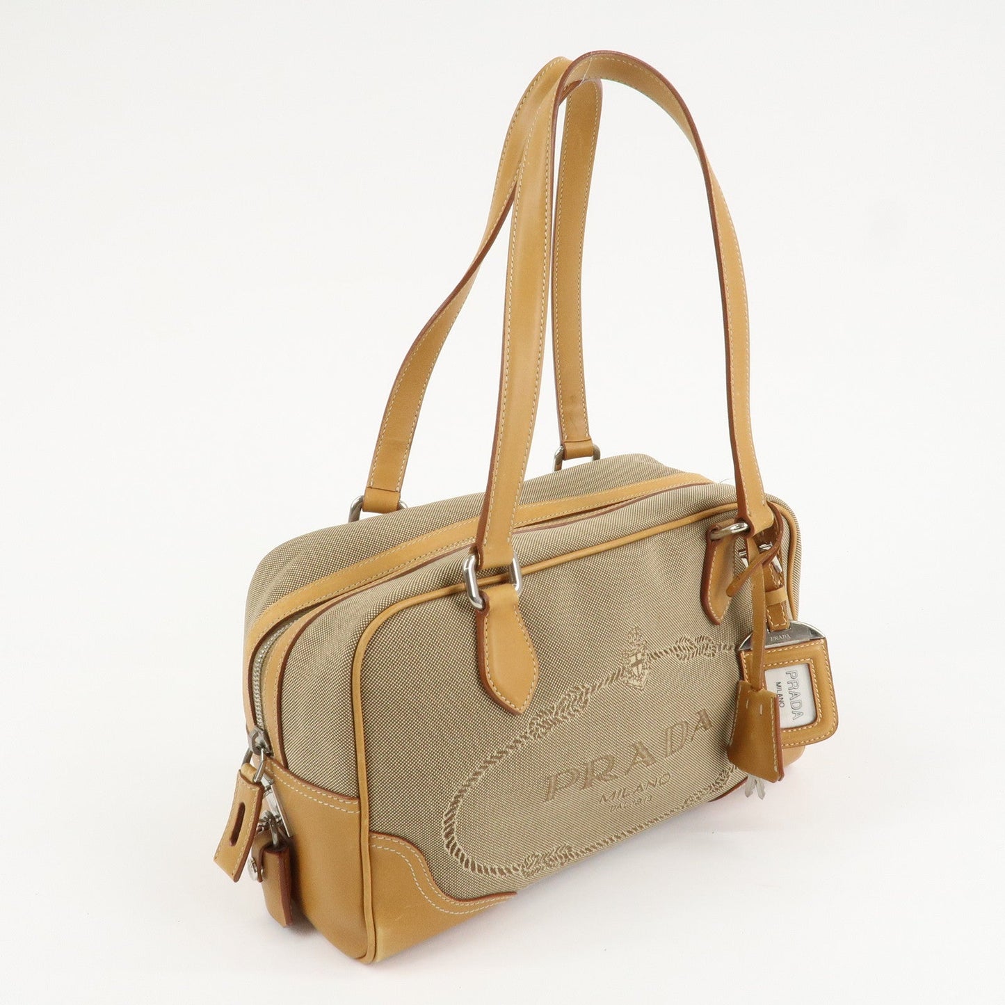 PRADA Logo Jacquard Leather Boston Bag Shoulder Bag Beige