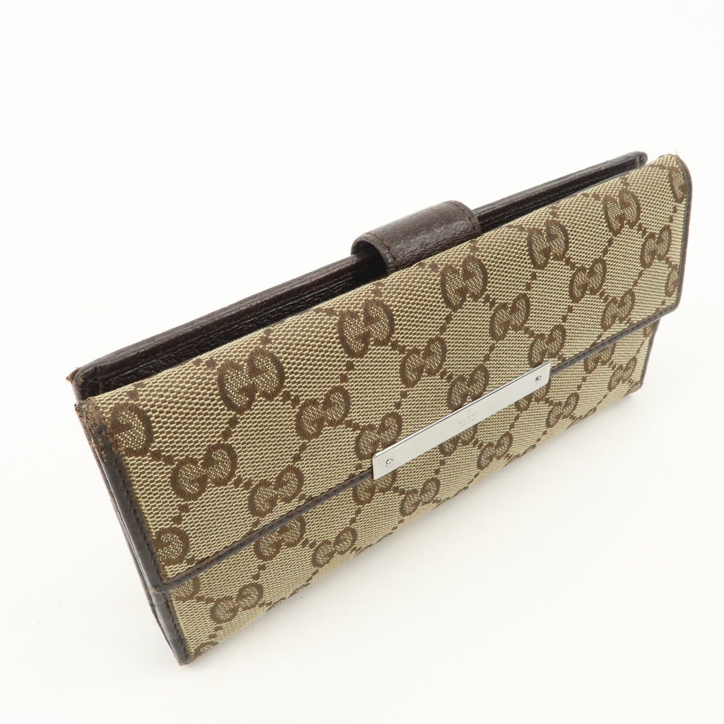 GUCCI GG Canvas Leather Bi-fold Long Wallet Dark Brown 112715