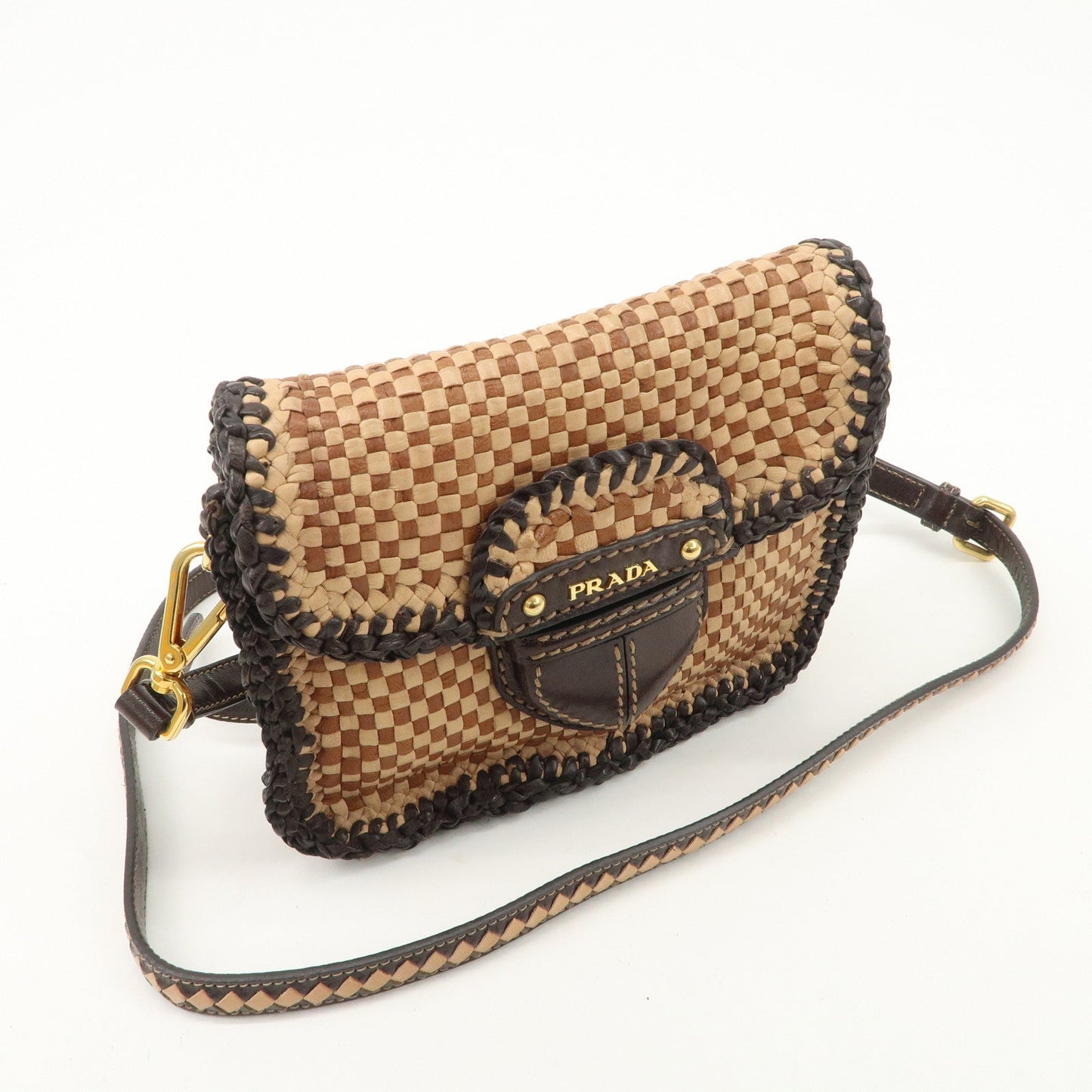 PRADA Madras Leather Shoulder bag Beige Brown BT781V