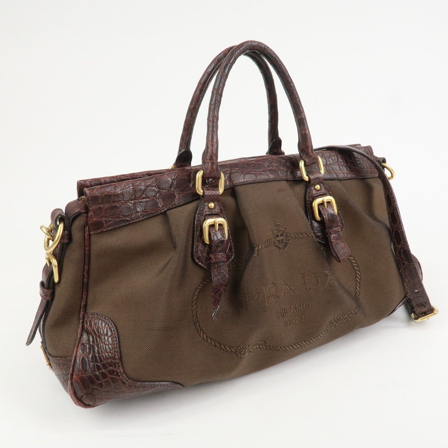 PRADA Logo Canvas Embossed Leather 2Way Shoulder Bag Hand Bag Brown