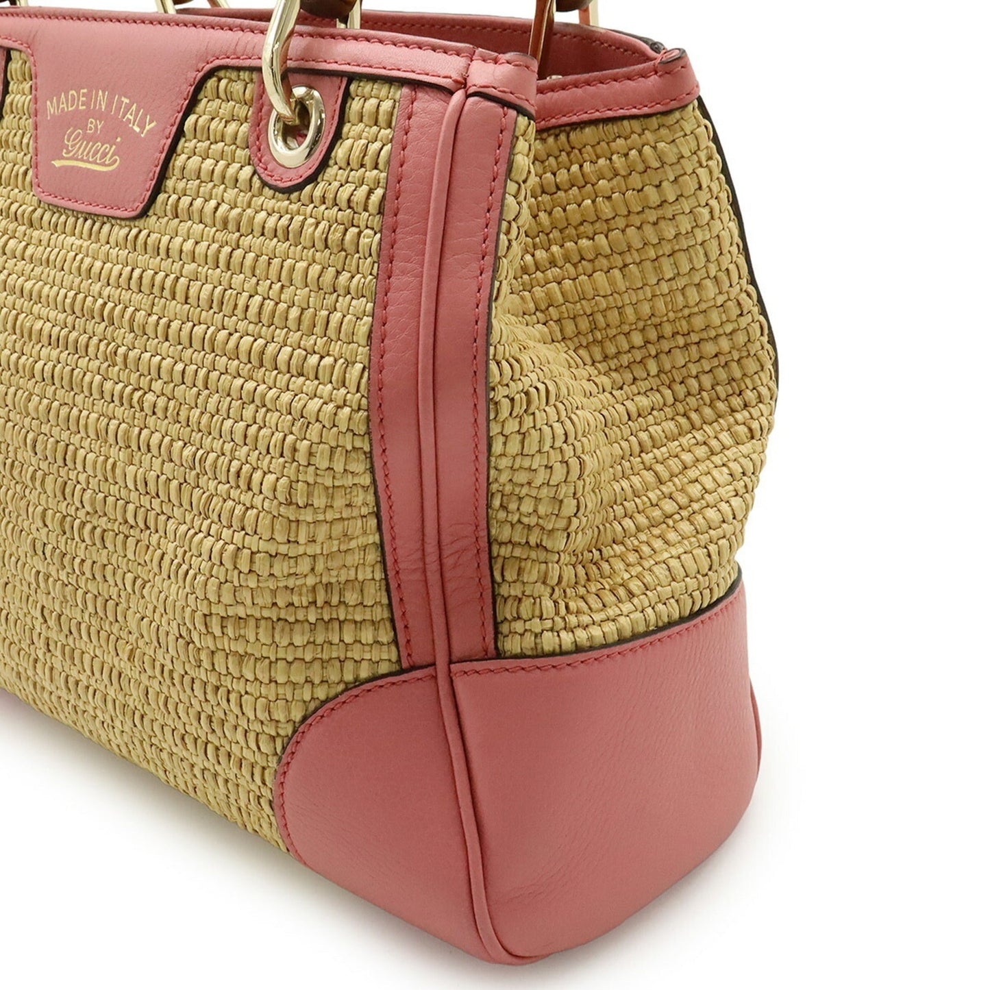 Gucci Pink Straw Leather Bamboo Handbag Shoulder Bag ( )