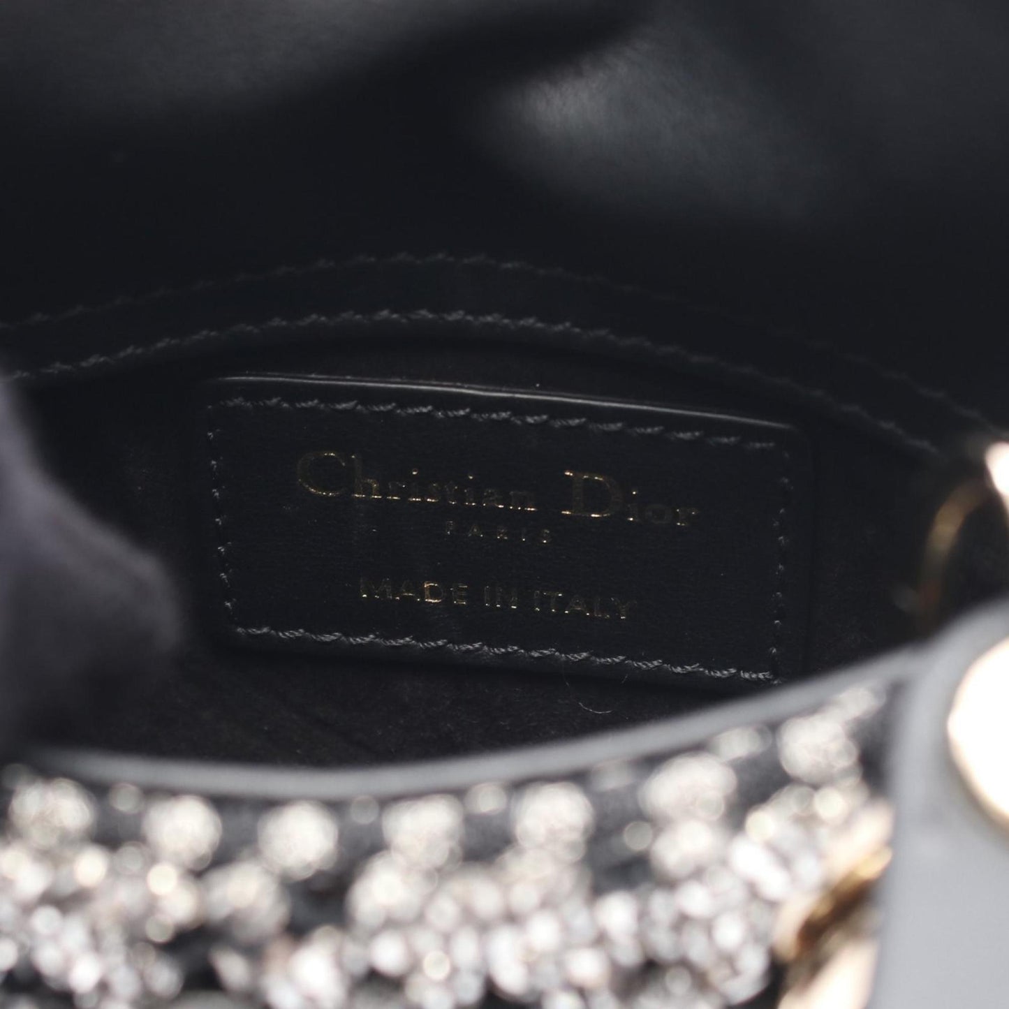 Christian Dior Lady Dior Black Clear Silver Leather Rhinestone Handbag ()