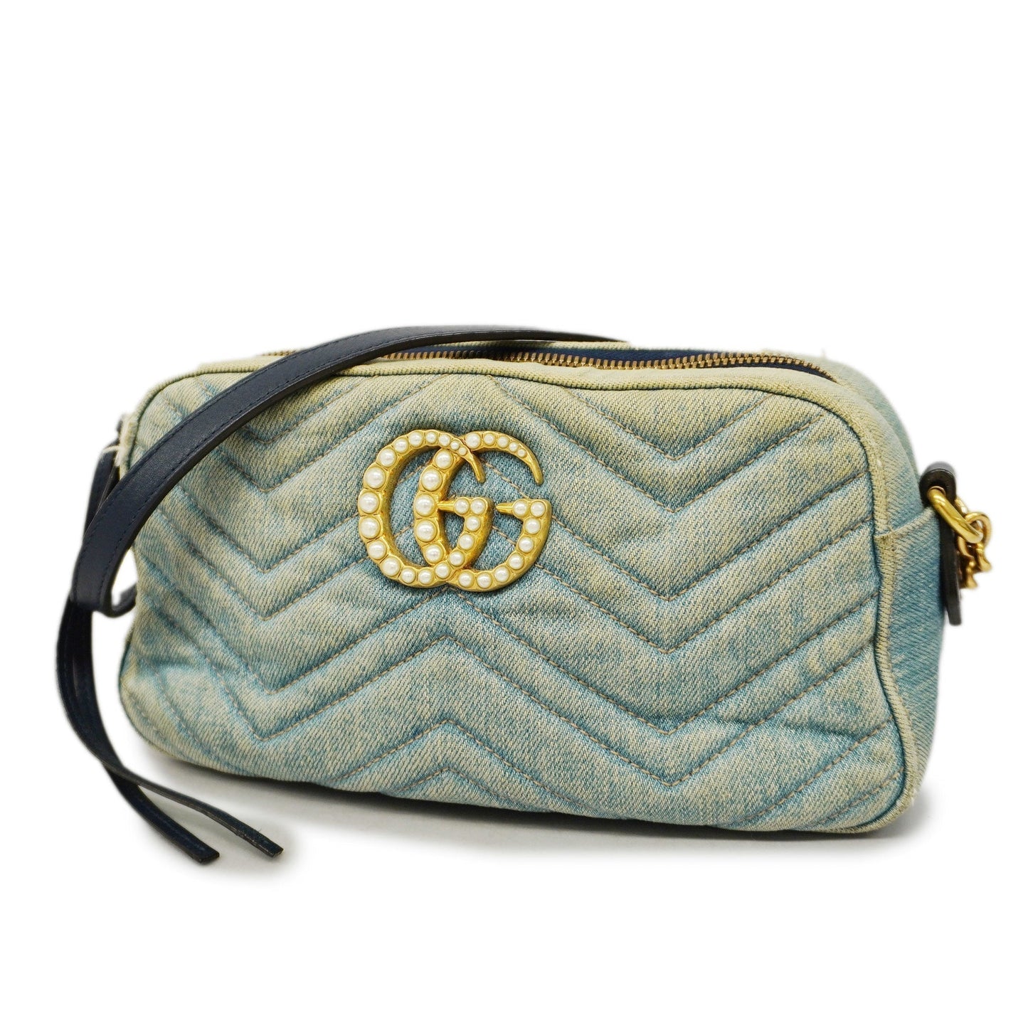 GUCCI Auth GG Marmont Shoulder Bag Velor 447632 Women's Denim Light Blue