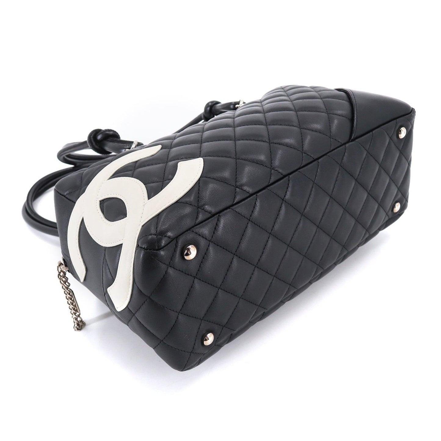 CHANEL Cambon Line Bowling Shoulder Bag Leather Black White A25171