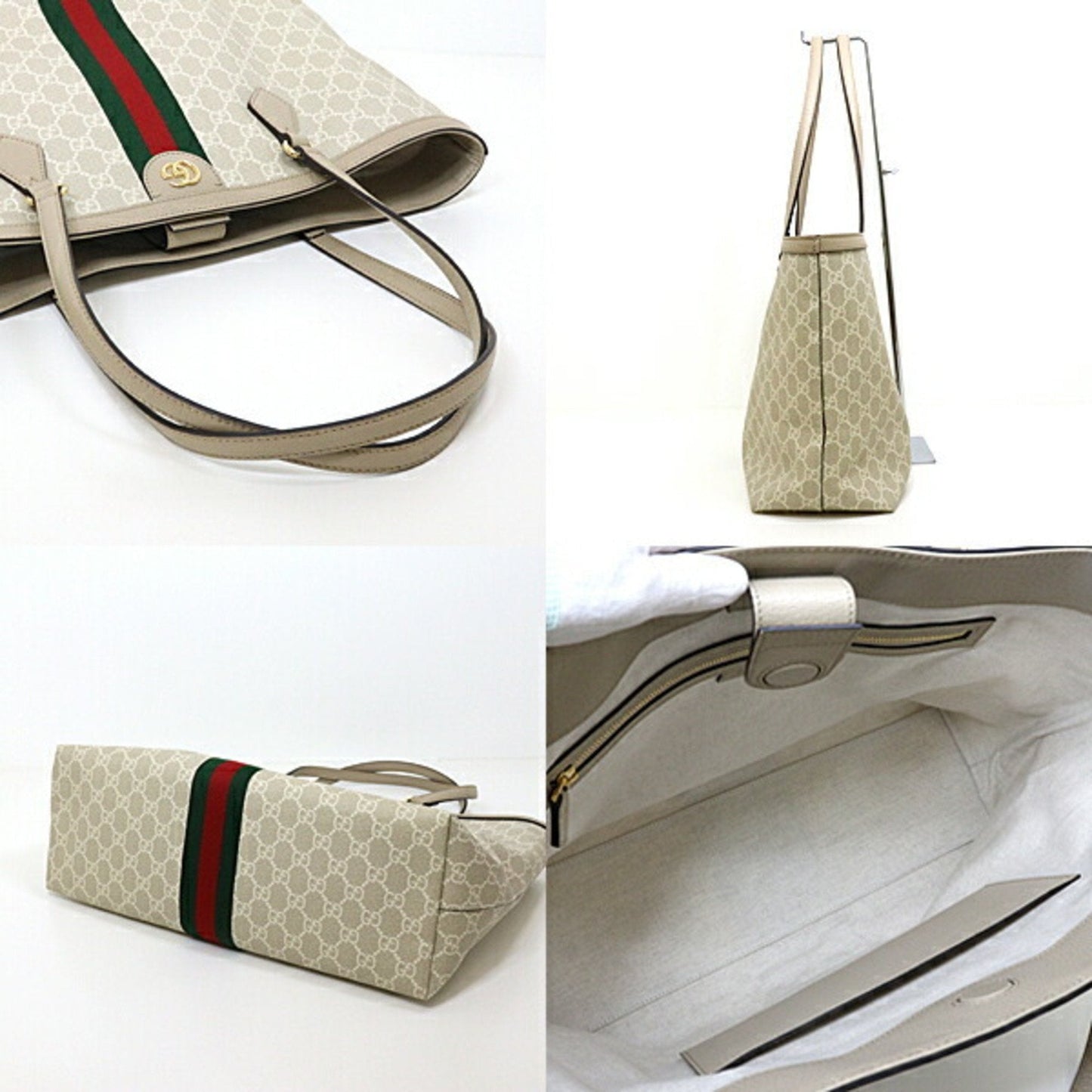 Gucci Beige Green Red Color White Gg Supreme Canvas Tote Bag ( )