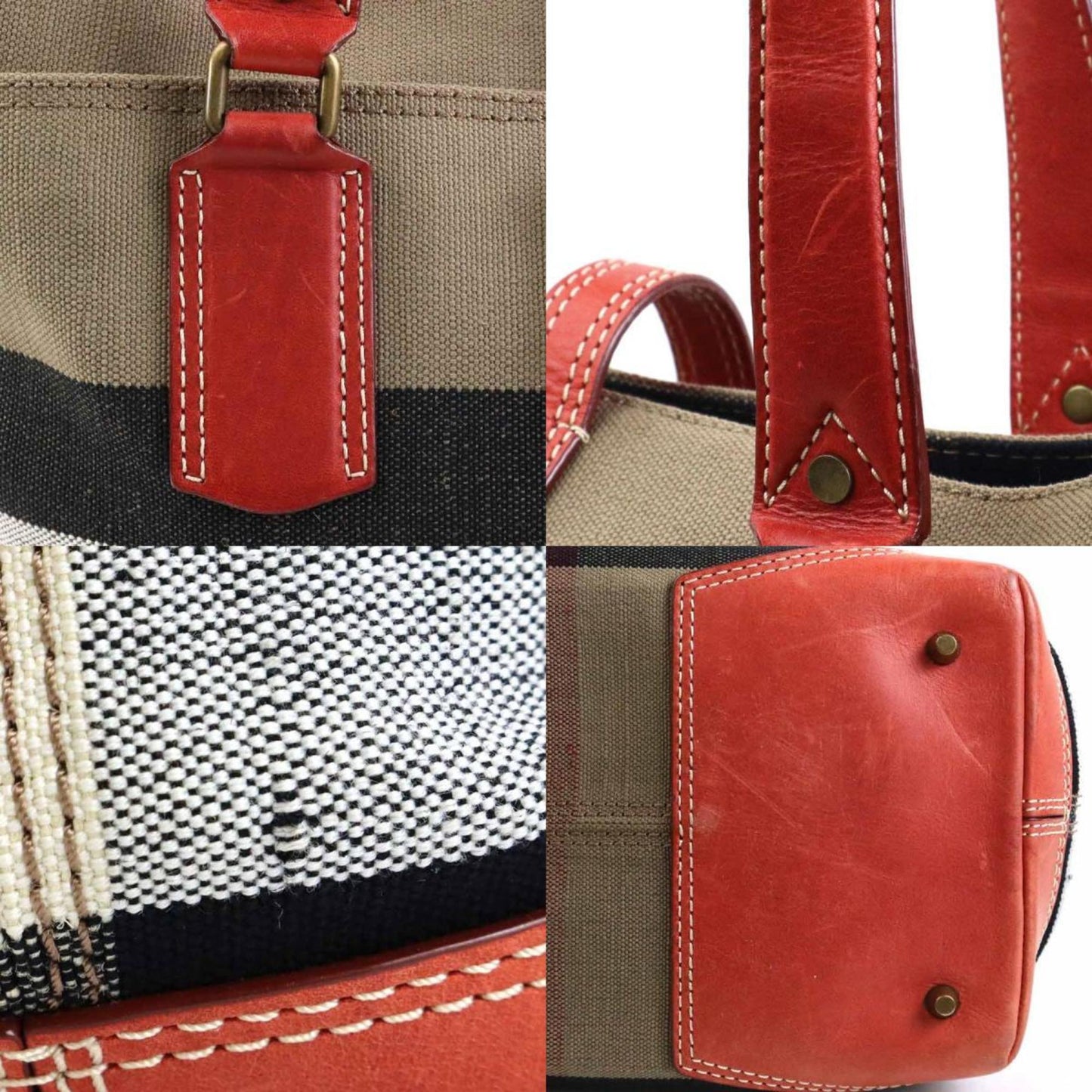 Burberry Black Brown Red Color Canvas Leather Shoulder Bag Tote Bag ( )