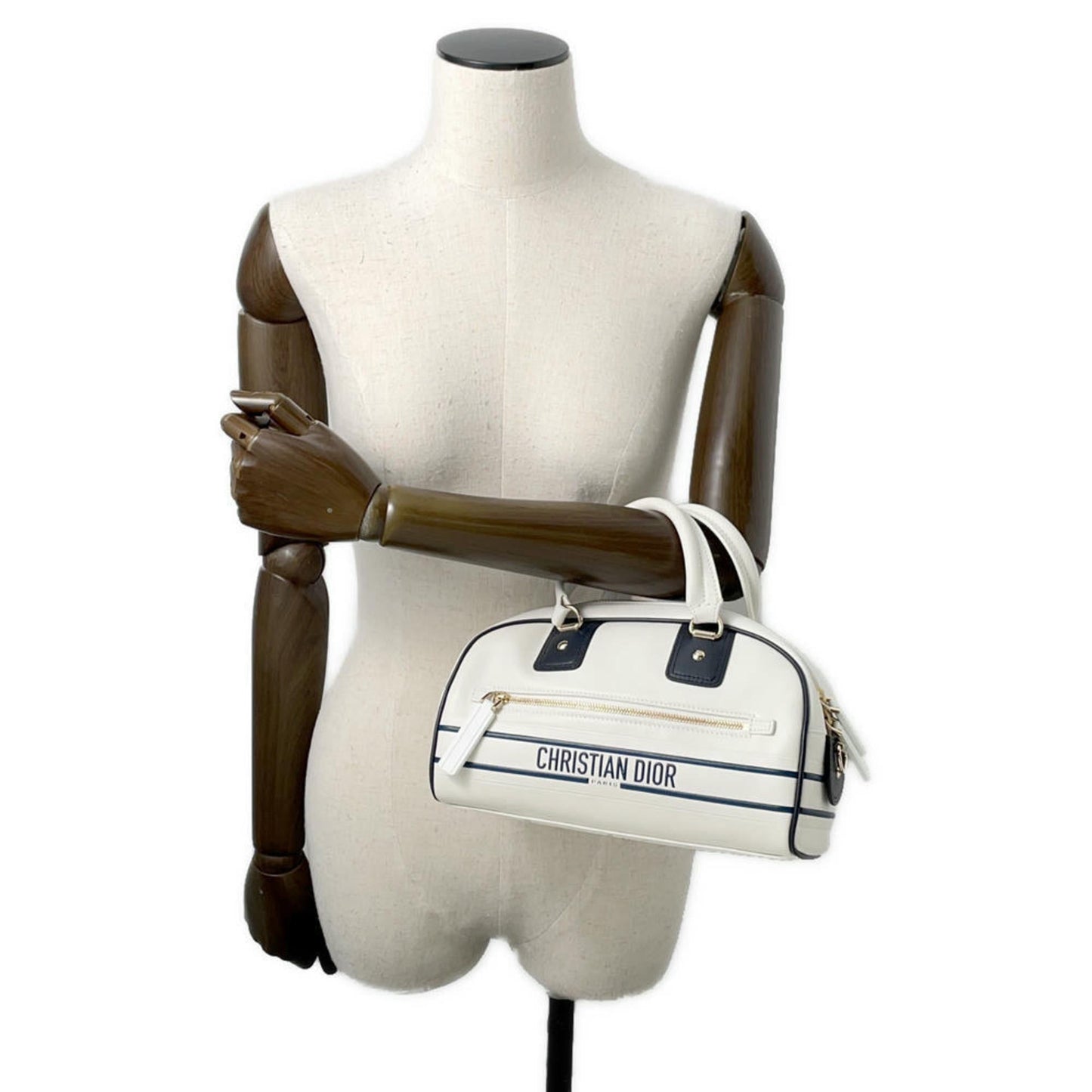 Christian Dior Navy White Leather Rubber Handbag ()