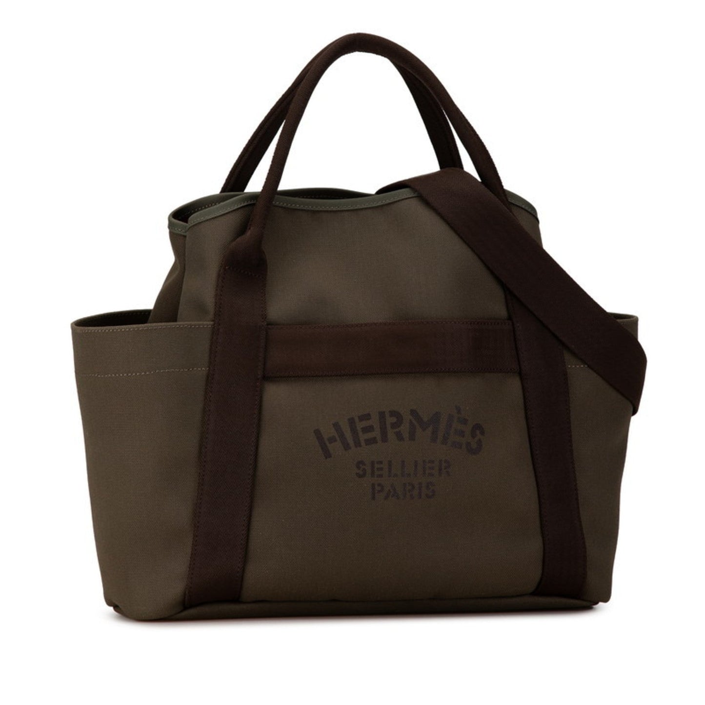 Hermes Khaki Canvas Leather Shoulder Bag Tote Bag ( )