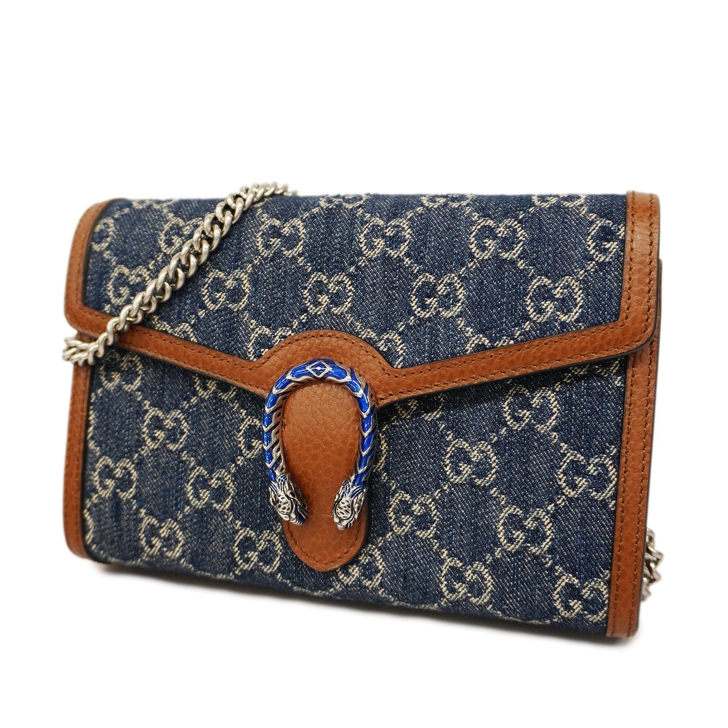 GUCCI Auth Chain Wallet Dionysus GG Denim 401231 Blue,Brown