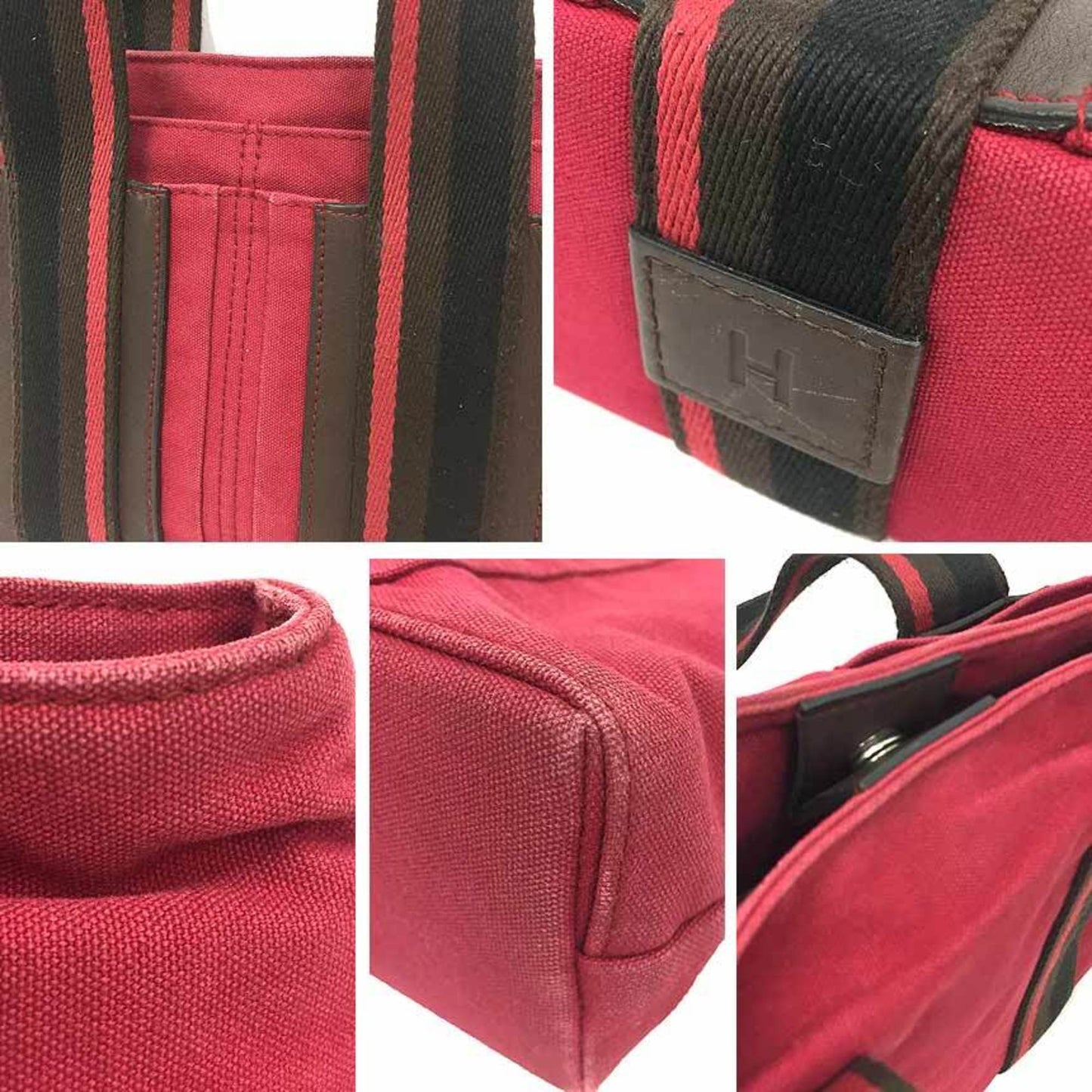 Hermes Red Color Canvas Leather Tote Bag ( )