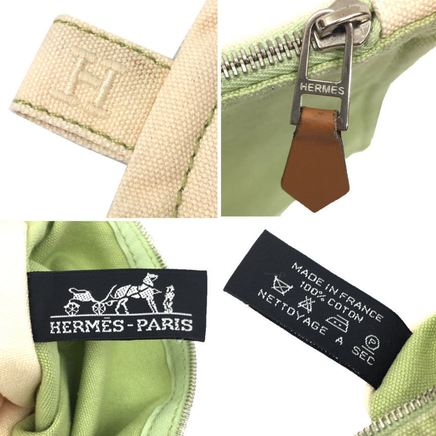 Hermes Cream Lime Green Cotton Canvas Clutch Bag Pouch ( )