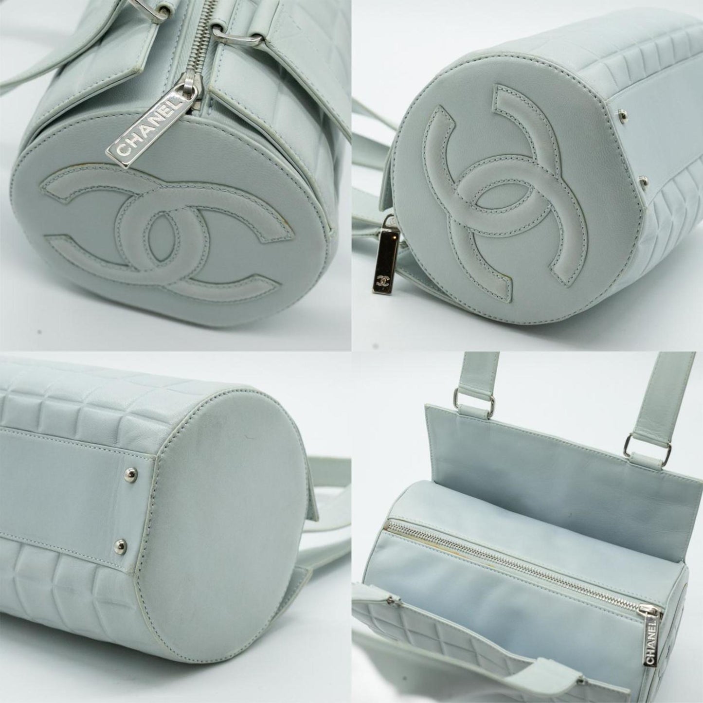 CHANEL Boston Bag Chocolate Bar Coco Mark Leather Light Blue Silver Women's PD292
