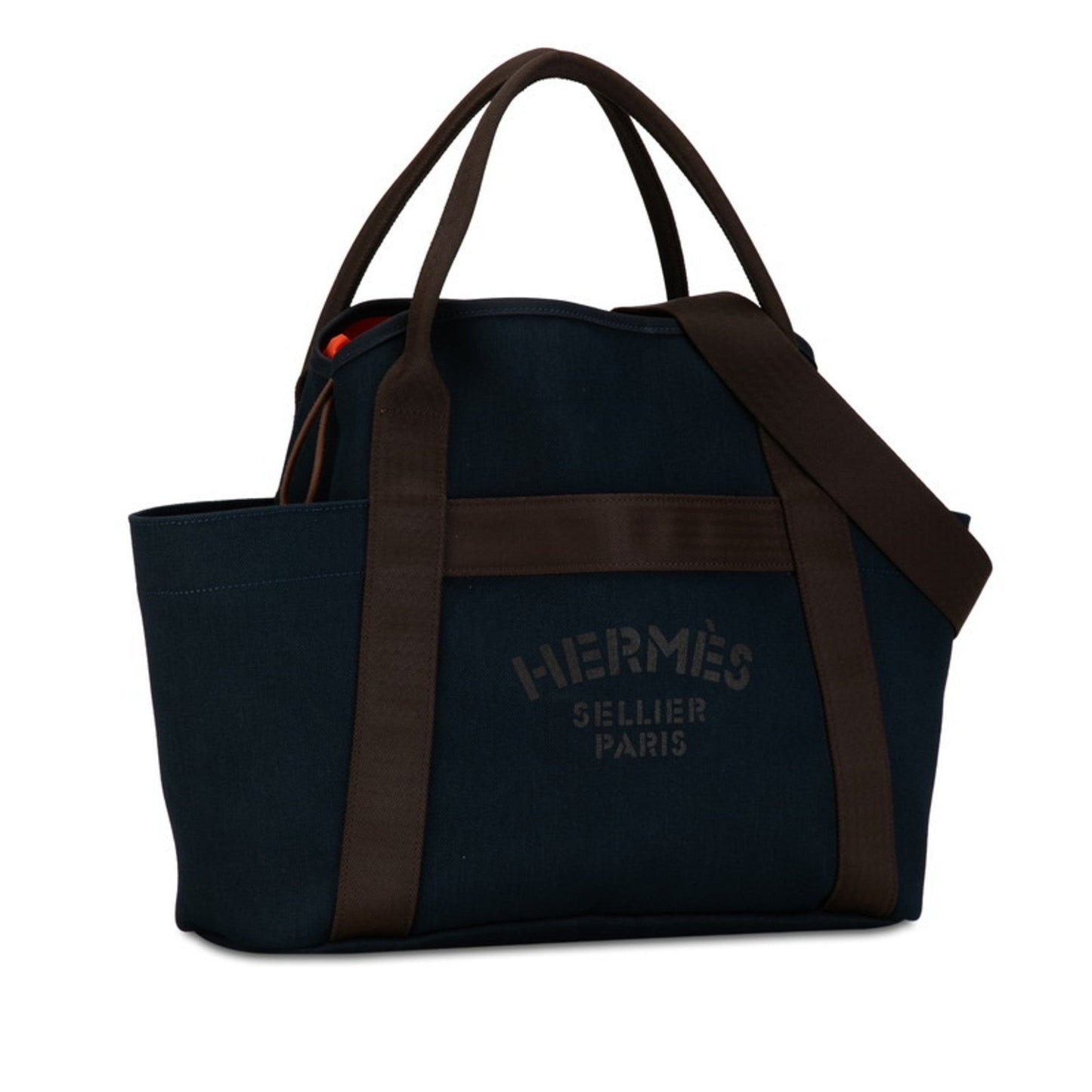 Hermes Brown Navy Canvas Shoulder Bag Tote Bag ( )