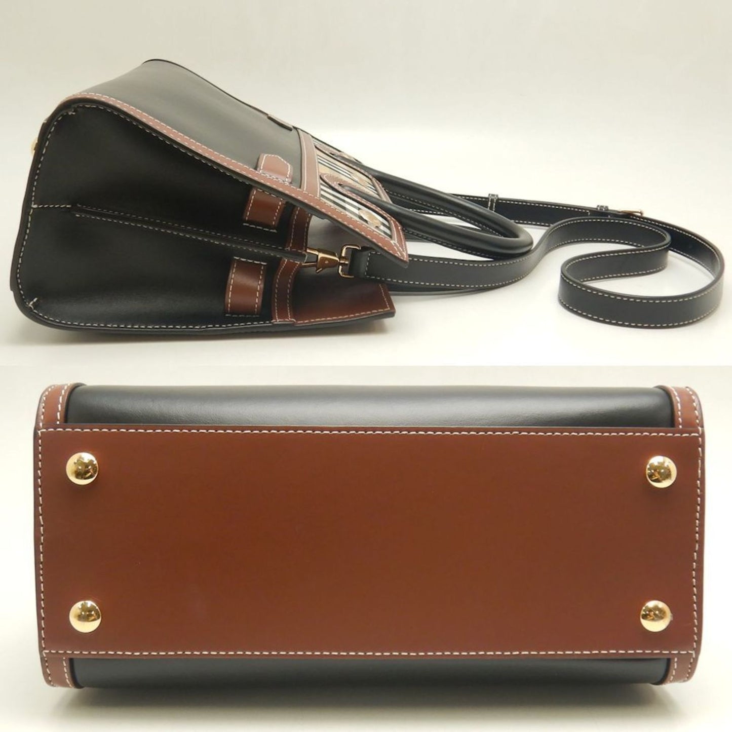 Burberry Beige Black Leather Canvas Tote Bag ( )