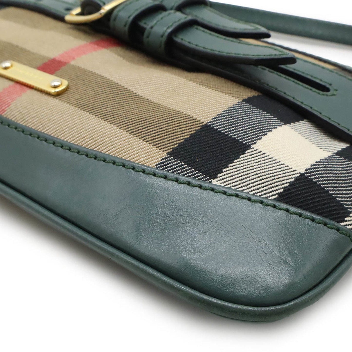 Burberry Beige Green Canvas Leather Clutch Bag Pochette Shoulder Bag ( )