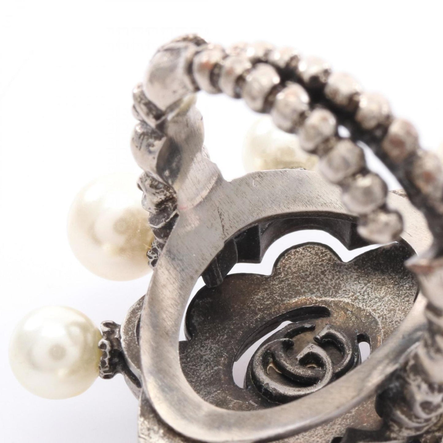 Gucci Silver Pink White Artificial Pearl Rhinestone Stainless Steel Band Ring ( )