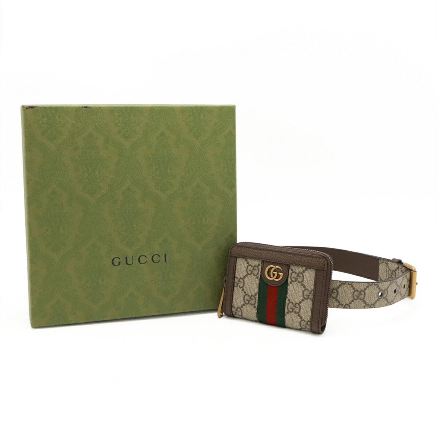 Gucci Beige Dark Brown Green Red Color Pvc Leather Chain/Shoulder Wallet ( )