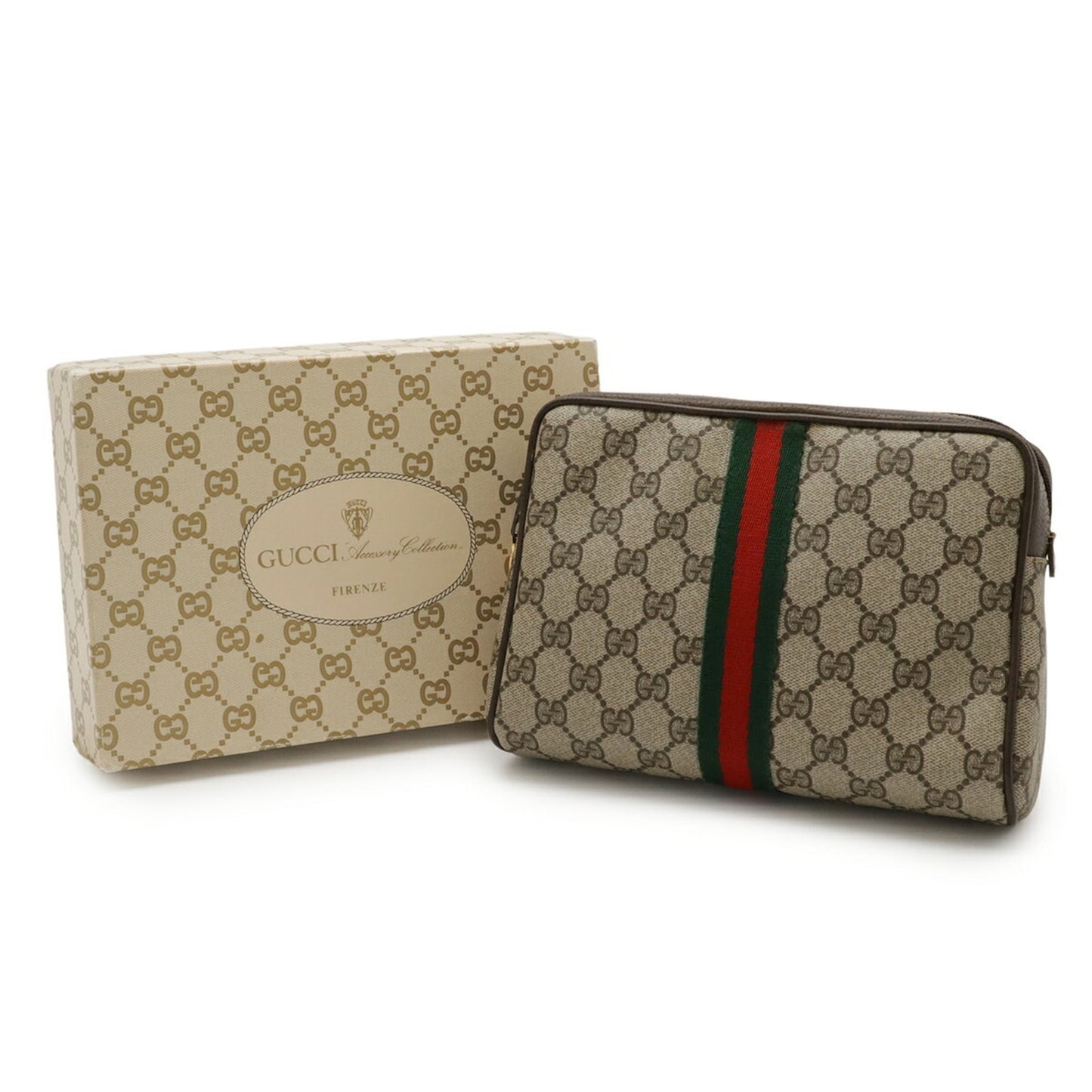 Gucci Beige Brown Green Red Color Coated Canvas Leather Clutch Bag ( )
