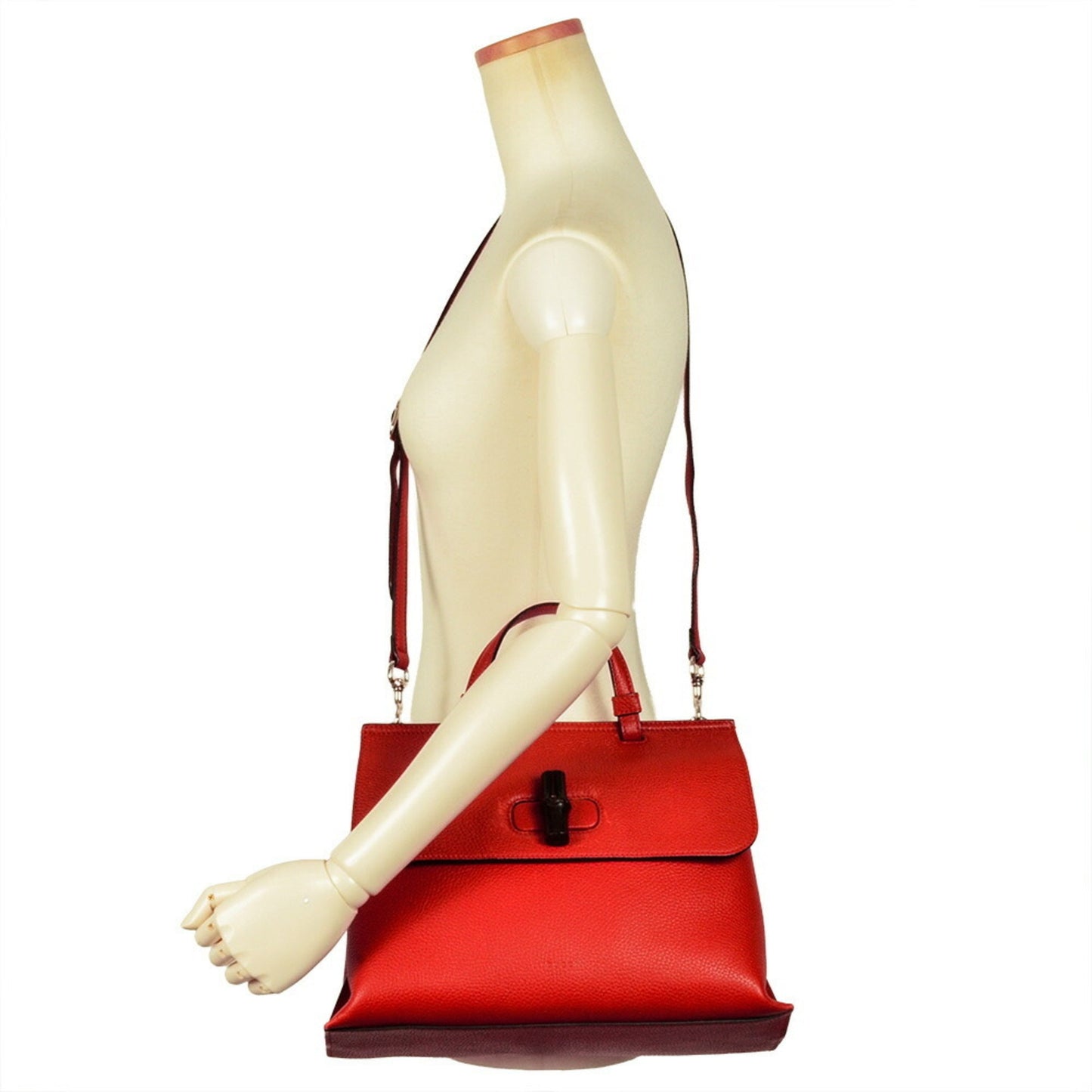 Gucci Daily Red Color Leather Bamboo Handbag ( )
