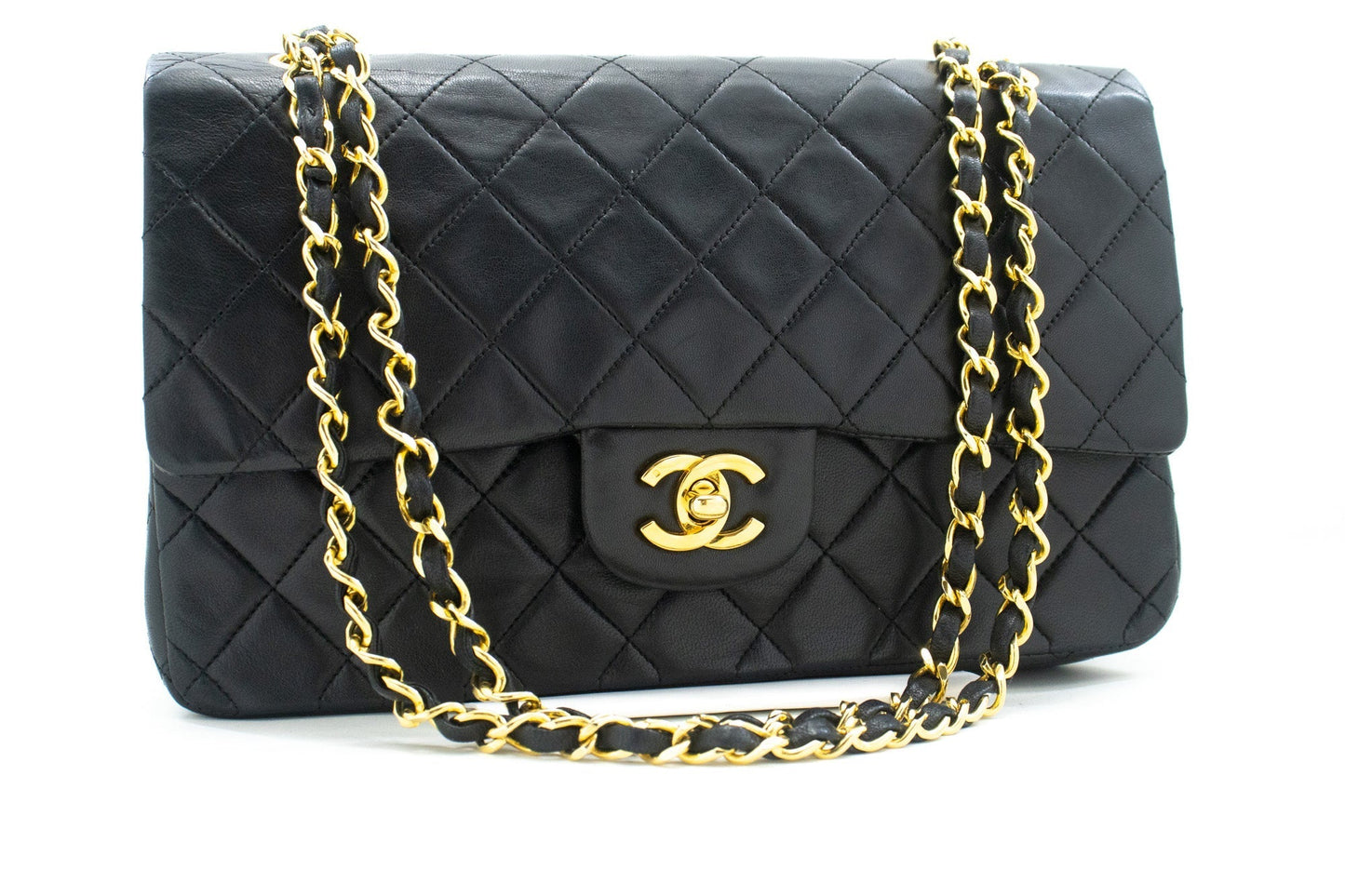 CHANEL Classic Double Flap 10" Chain Shoulder Bag Black Lambskin