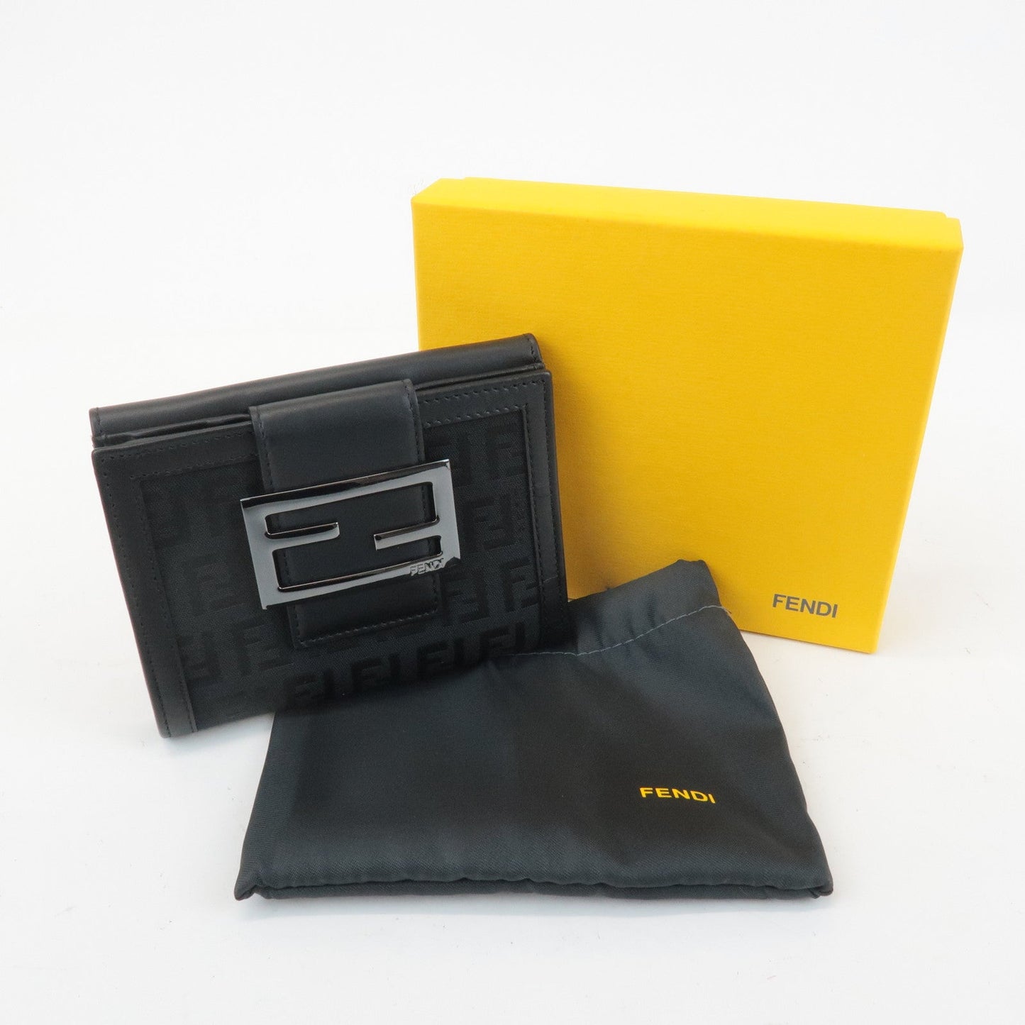 FENDI Zucchino Canvas Leather Double Hook Wallet Black 8M0035