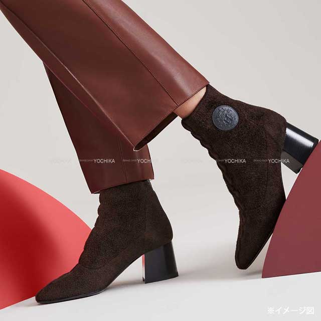 HERMES boots Short Boots Volver 60 Chestnut/Black Chenille knit/Calfskin ?36